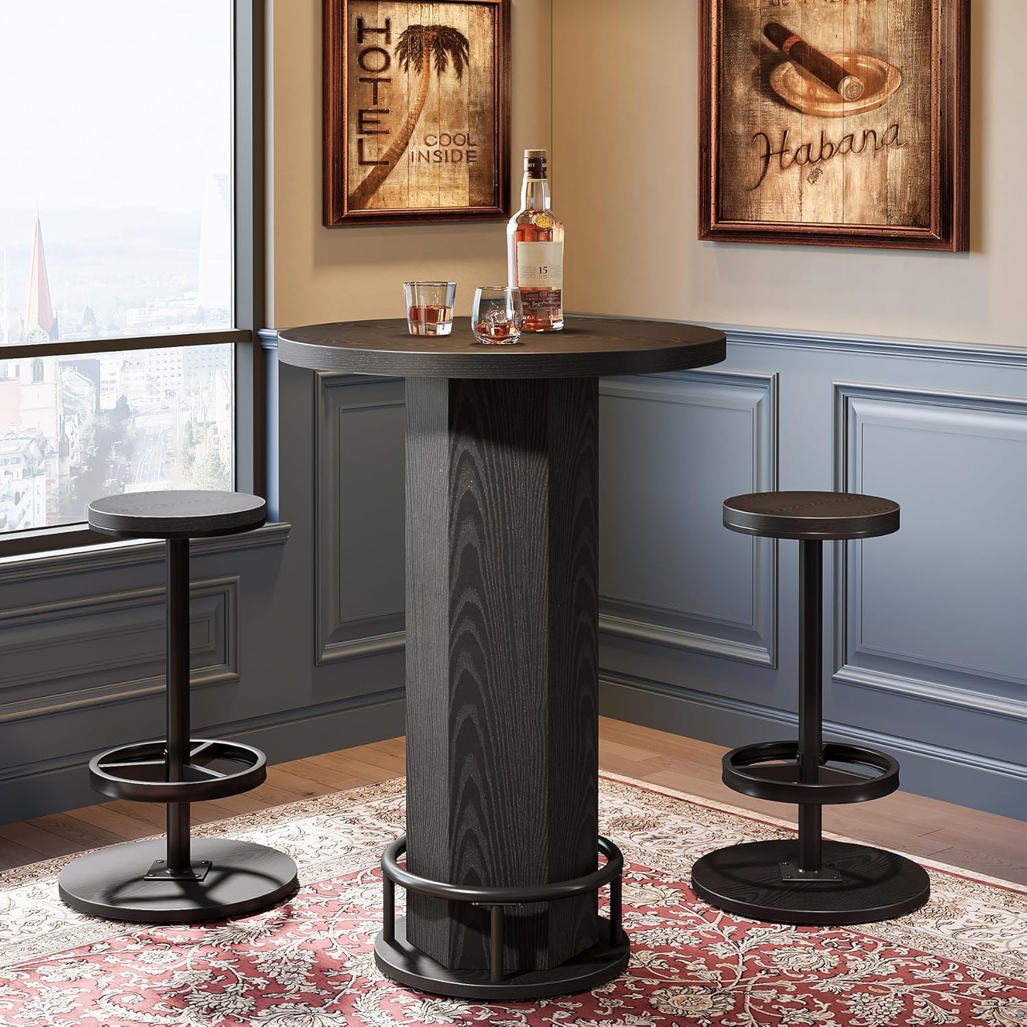 3-Piece Round Bar Table Set Industrial Black Bistro Sets with 2 barstools