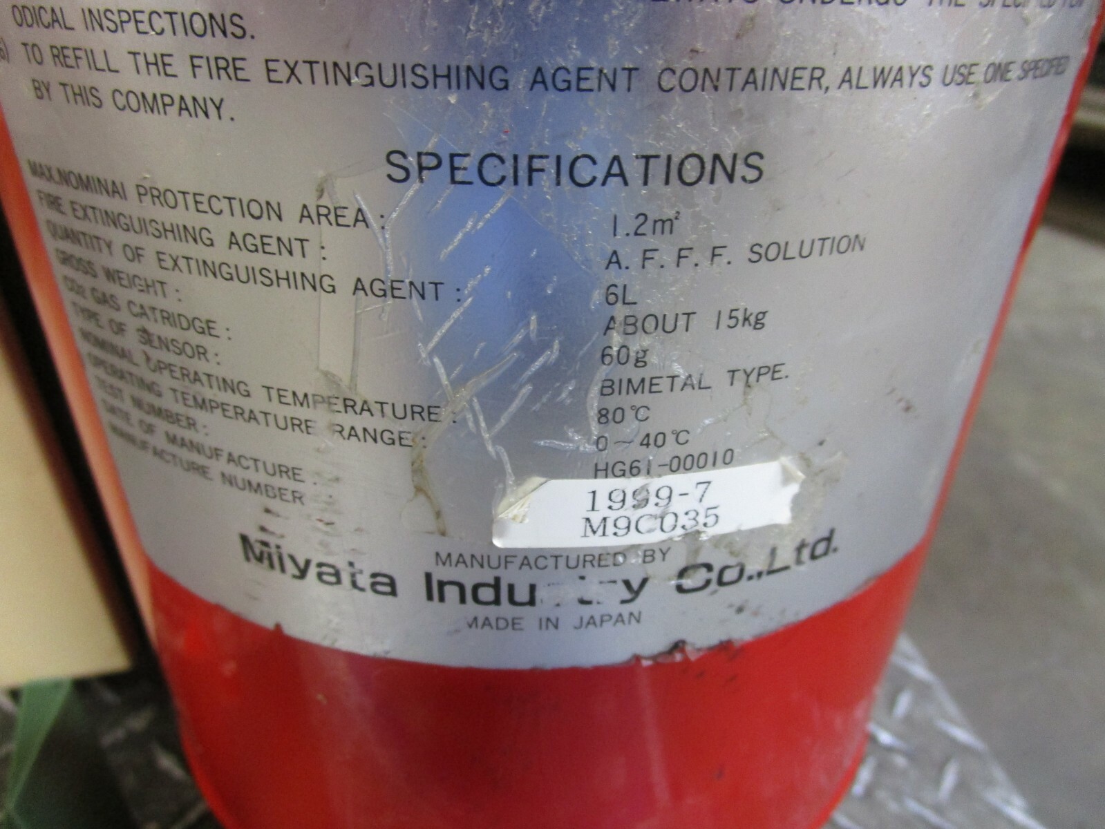 MIYATA CSA-6 6L AUTOMATIC FIRE EXTINGUISHER FOR ELECTRIC DISCHARGE MACHINE