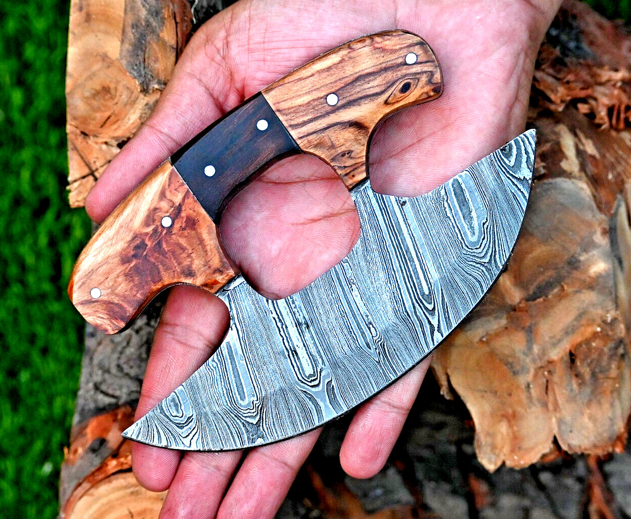 CUSTOM MADE HAND FORGED DAMASCUS STEEL BLADE ALASKAN CHEF'S ULU KNIFE 1813