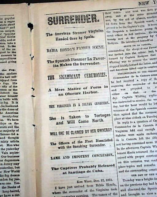 VIRGINIUS AFFAIR Spain Surrenders Ship to United States Navy 1873 NYC Newspaper