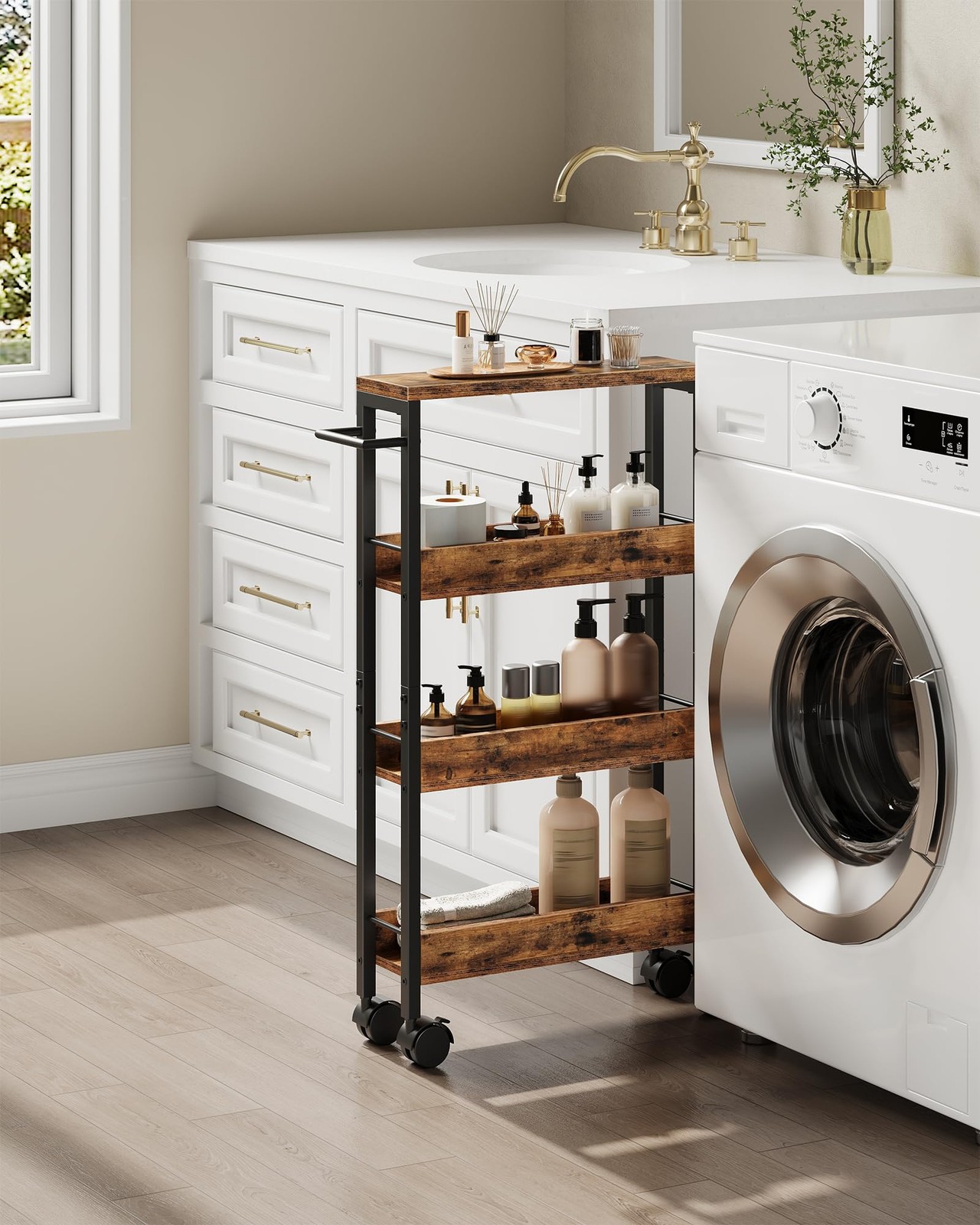 4Tier Slim Storage Cart 5.1 Inch Kitchen Serving Trolley Rustic Brown Black