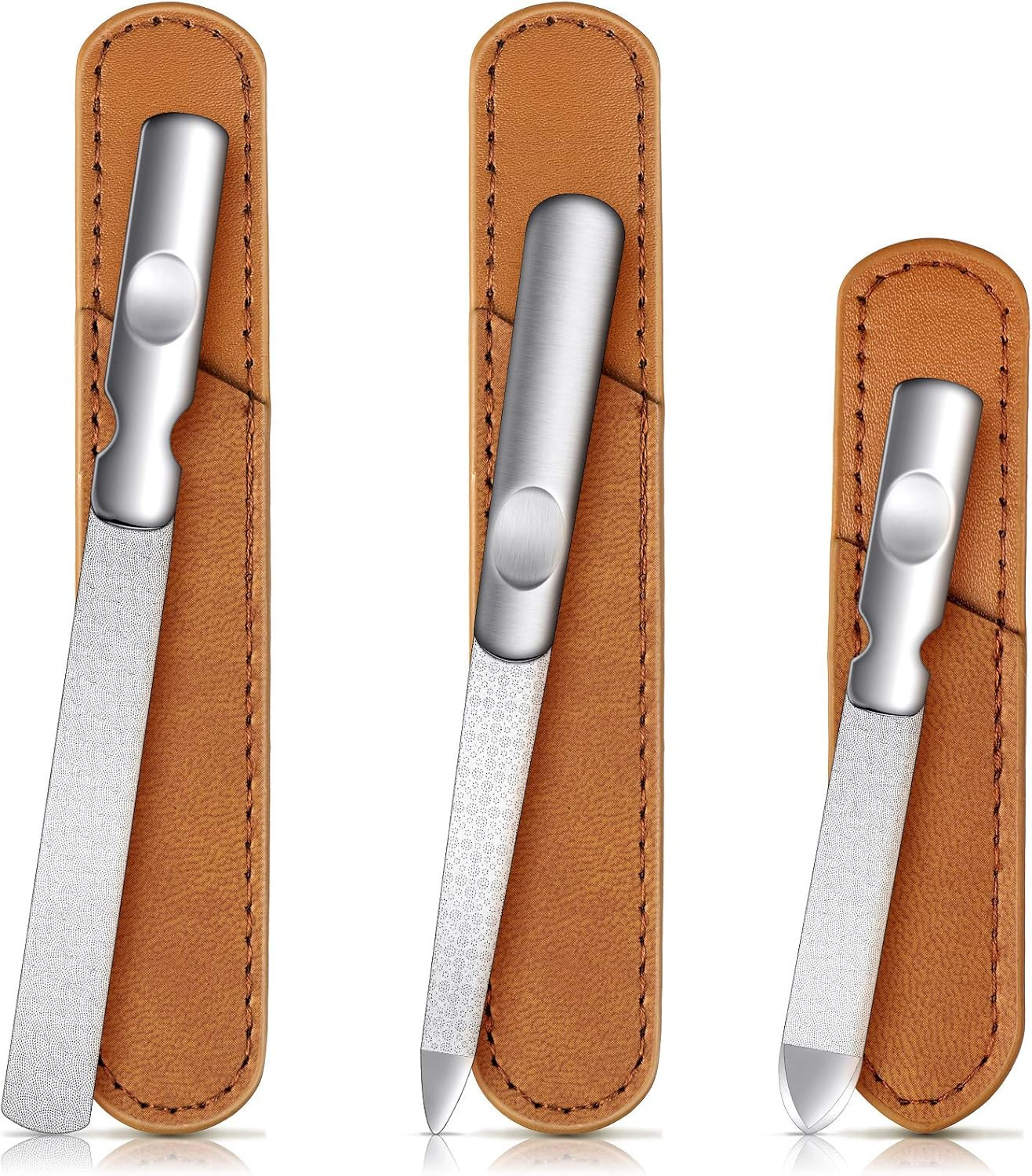 3 Pcs Stainless Steel Nail Files Kit with Leather Case, Double Sided Metal Nail