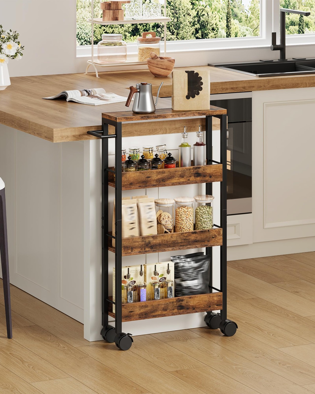 4Tier Slim Storage Cart 5.1 Inch Kitchen Serving Trolley Rustic Brown Black