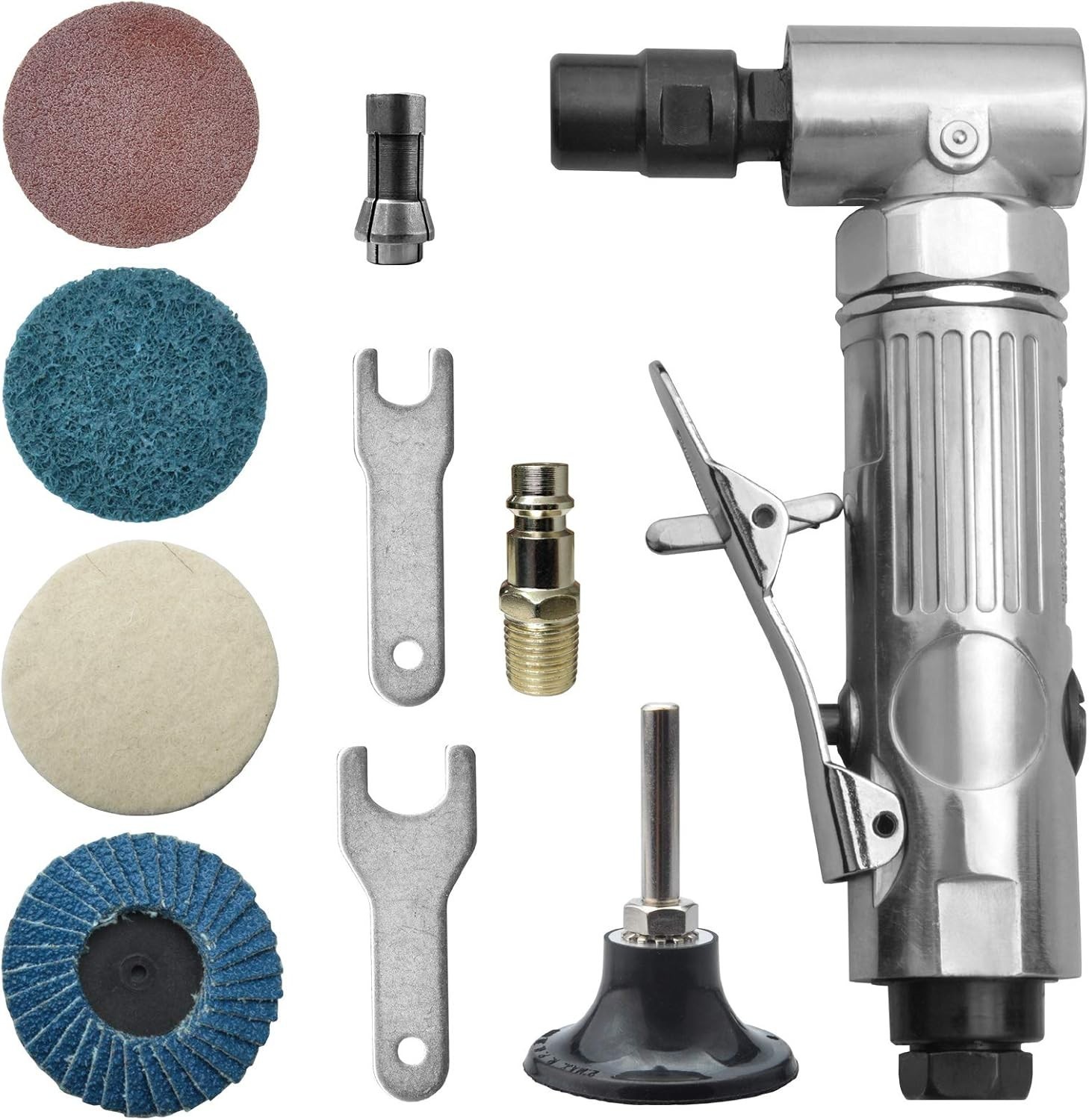 Amoladora neumática angular 1/4" con 4 discos roll lock 2", acabado pulido