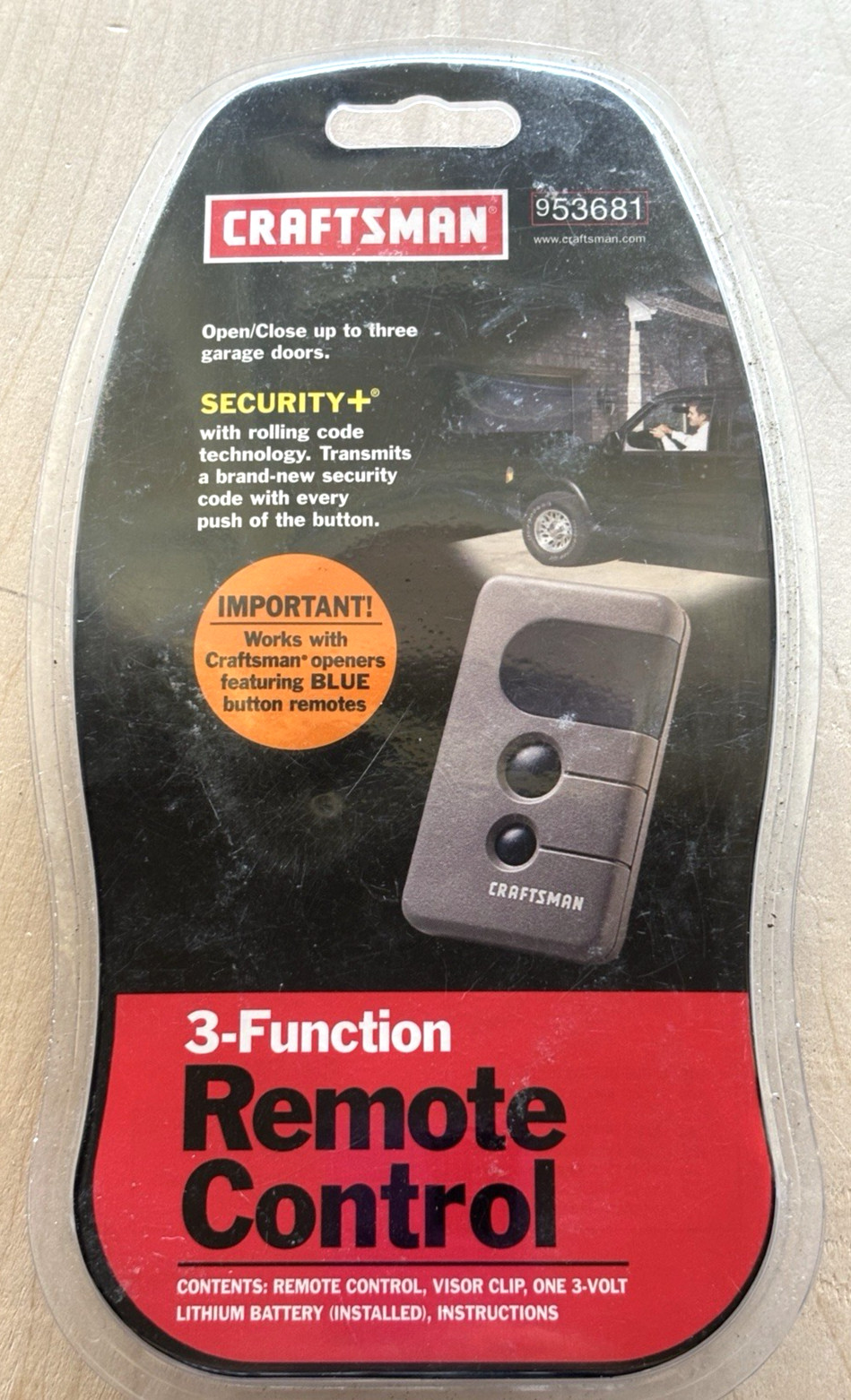 Craftsman 3 Function Remote Control 953681 NIP Visor Clip Blue Button Garage