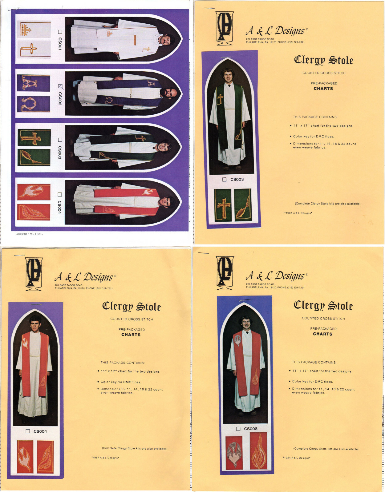 CHOICE: Clergy Stole Needlework Charts Alpha Omega Cross Fish Dove Flames