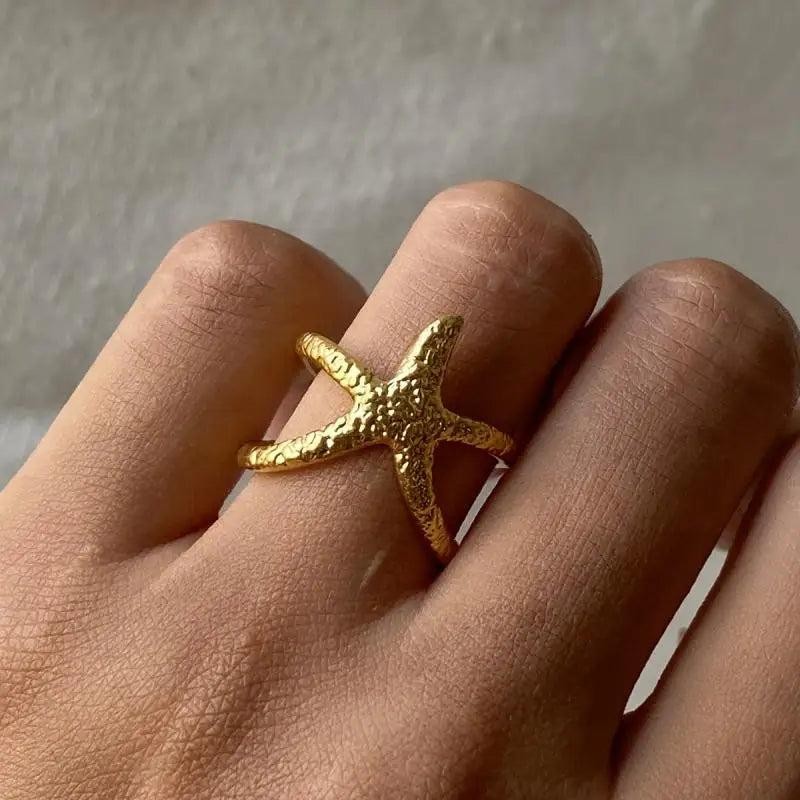 Gold Starfish Stainless Steel Open Ring Vintage Waterproof Jewelry Gift Women