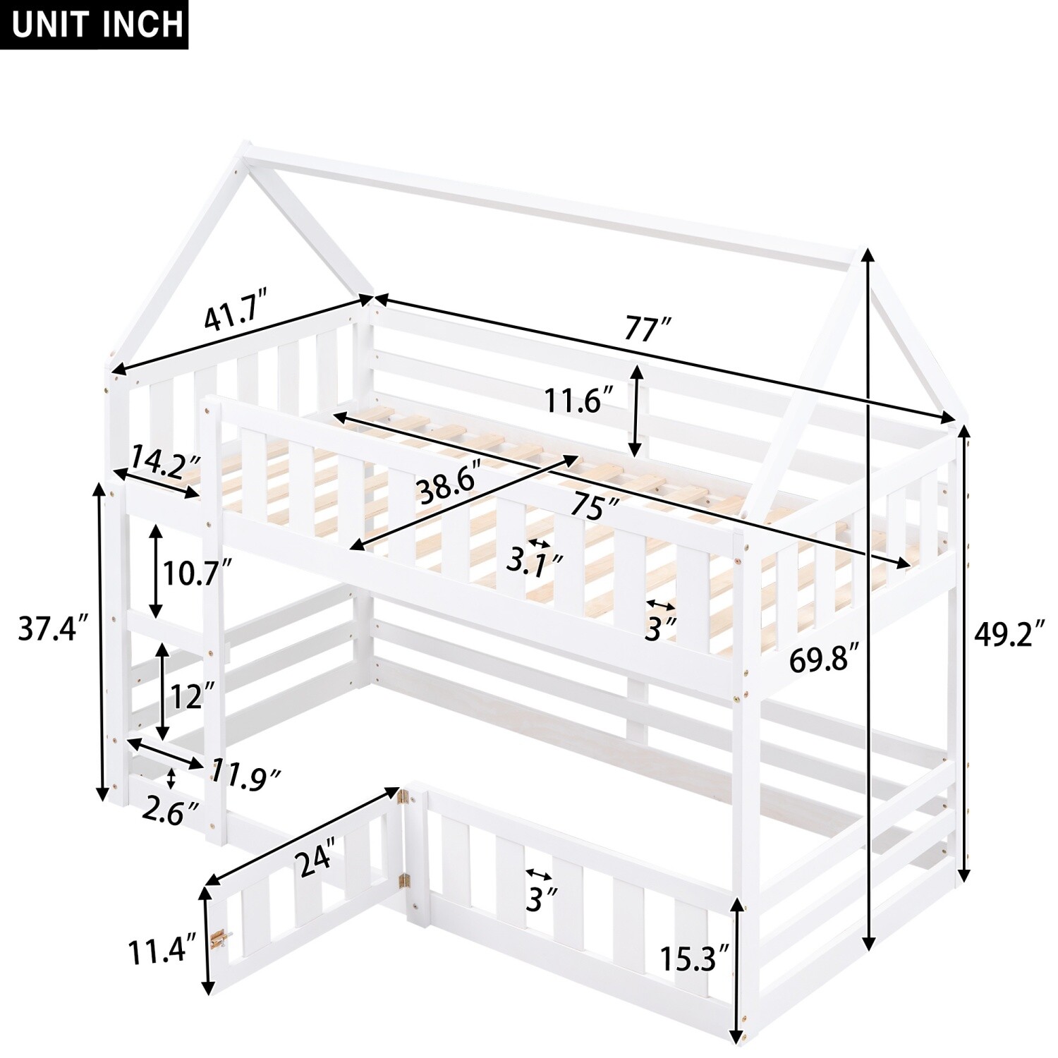 Twin Over Twin Bunk Bed WoodEN Bunk Bed Frame w/ Ladder White/Gray