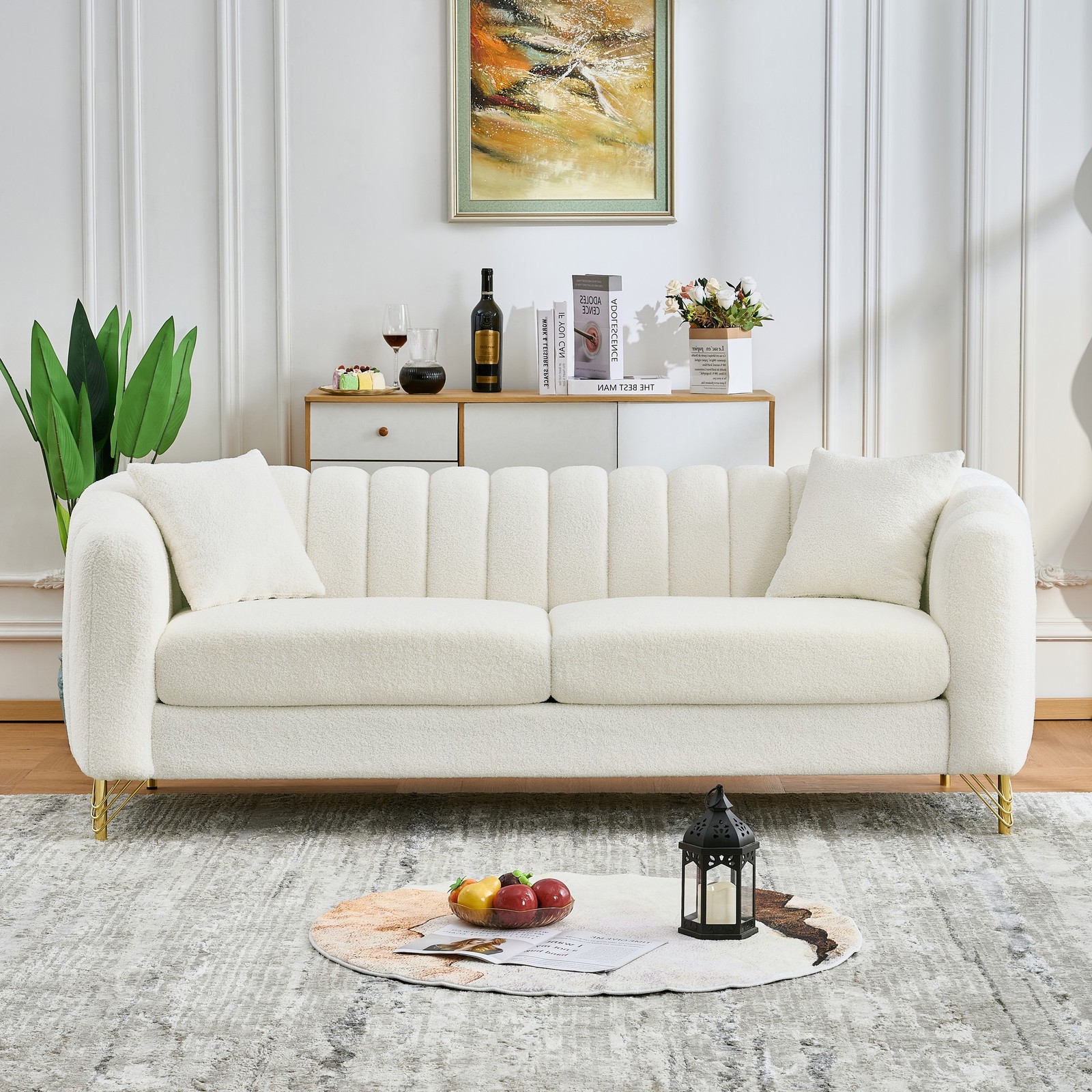 Oversized White Chenille Sofa 3 Seater Modern Tufted Couch Gold Legs Living Room