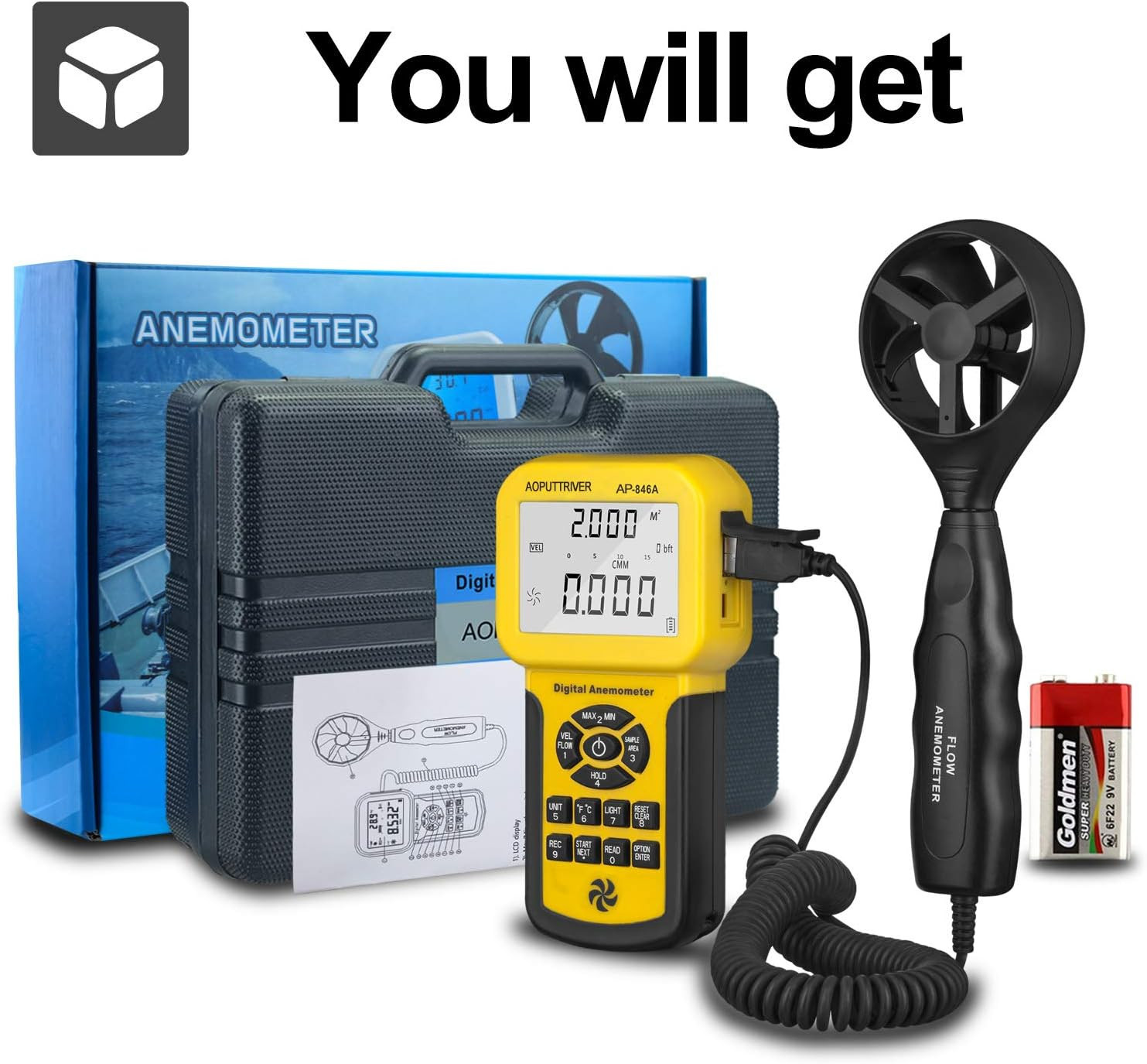 HVAC Anemometer,Cfm Air Flow Meter 0.001~100Mph High Accuracy Measures Wind Spee