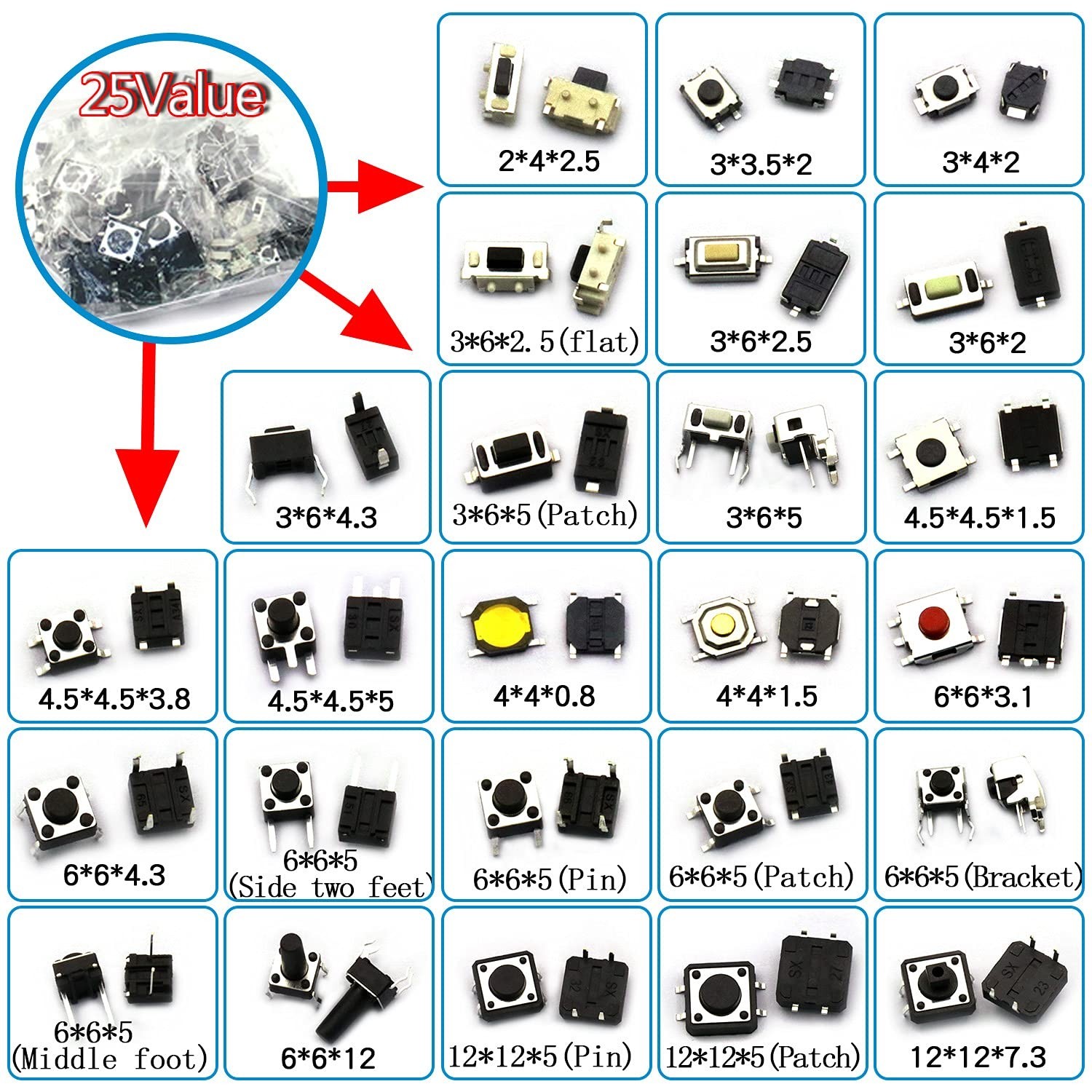 250pcs 25 Values Tactile Push Button Switch SMD Micro Momentary Tact Switch A...
