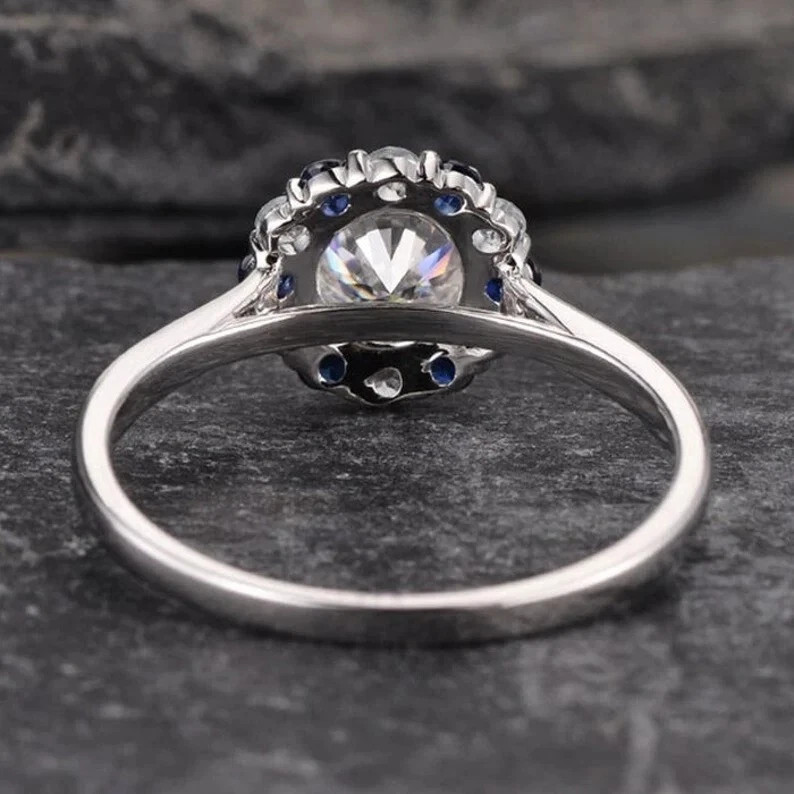 Cluster 14K White Gold Finish 2Ct Round Lab Created Diamond & Sapphire Ring