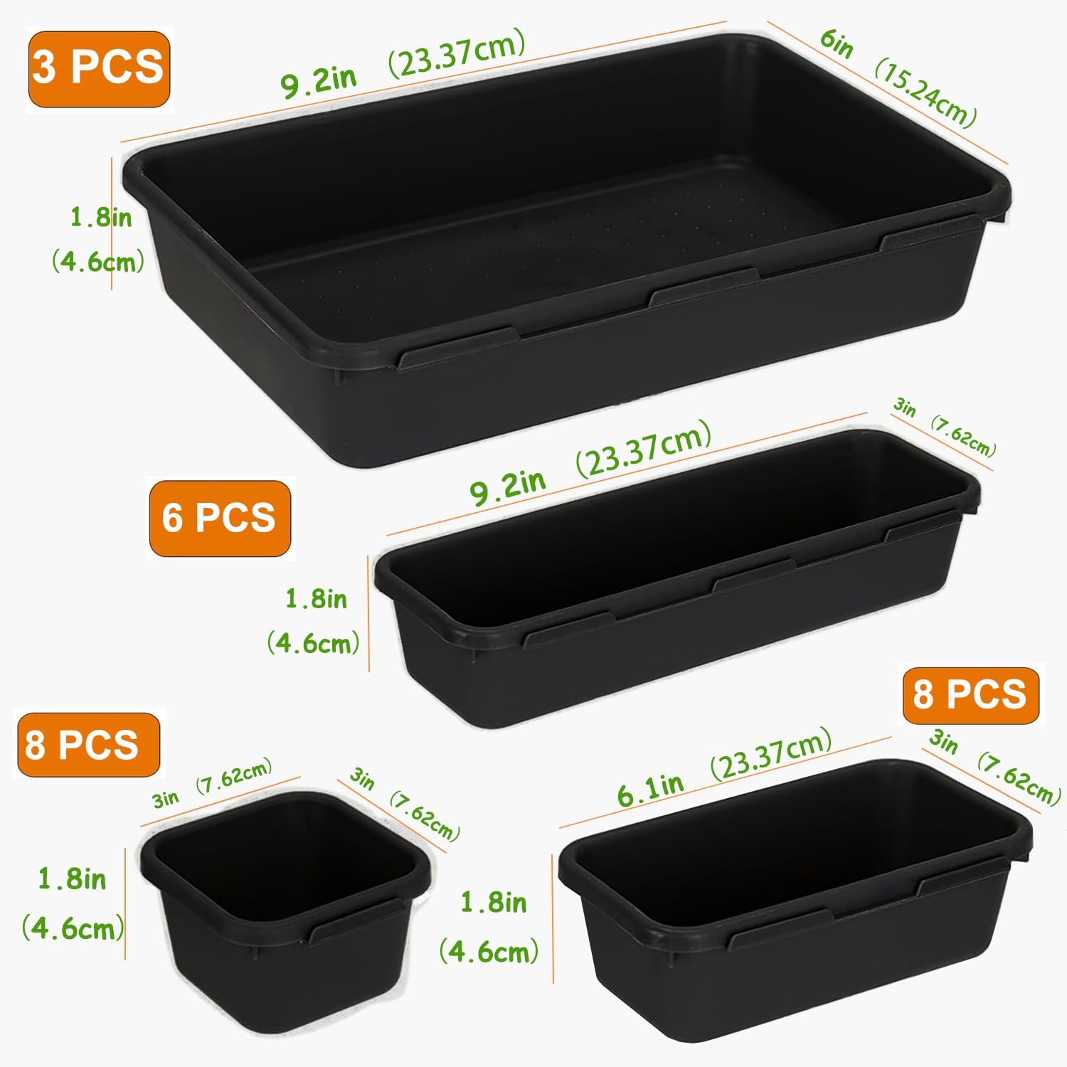 25 PCS Black Drawer Organizer Set, 4 Size Interlocking Plastic Storage Bins f...