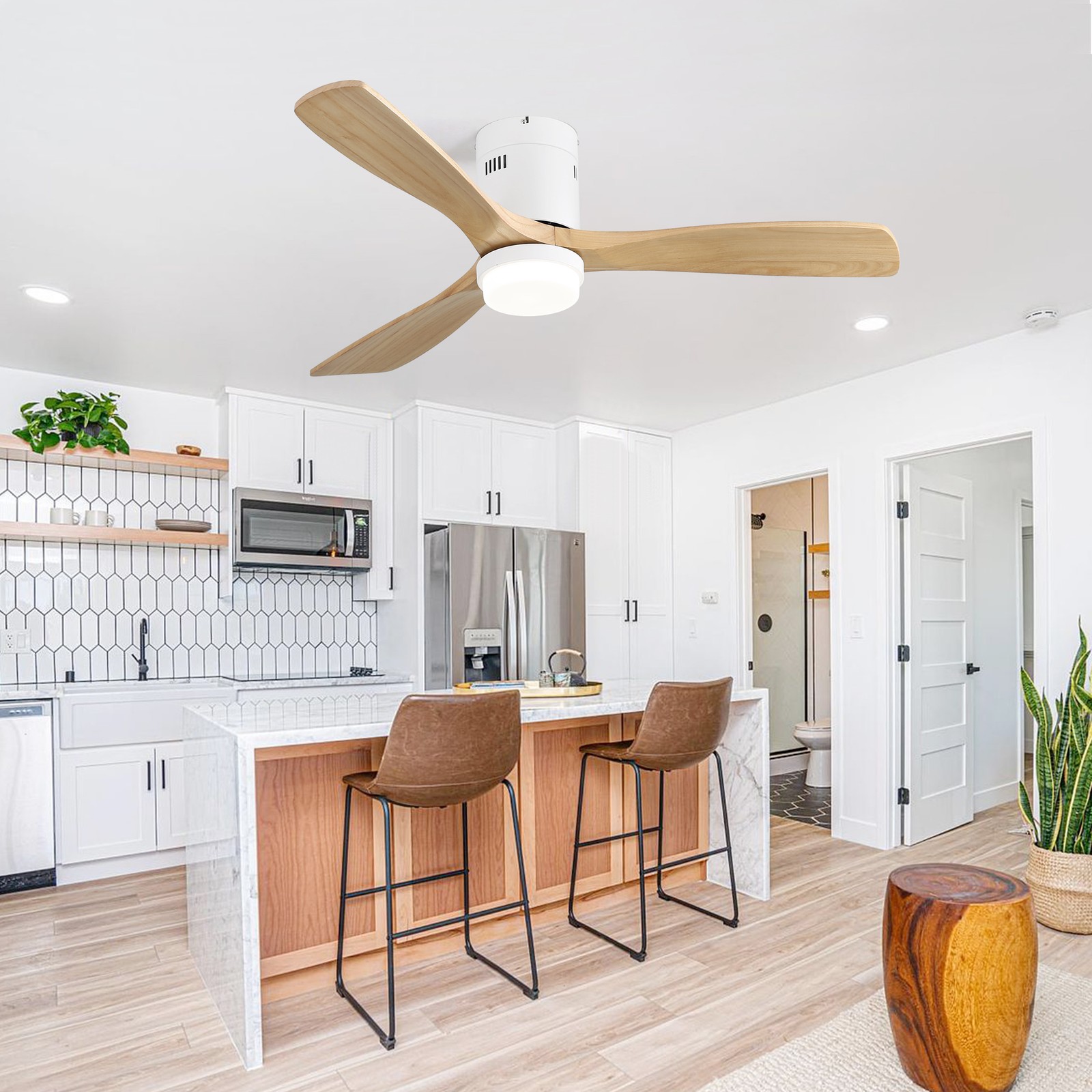 52 Inch Decorative Ceiling Fan With 6 Speed Remote White 3 Solid Wood Blades