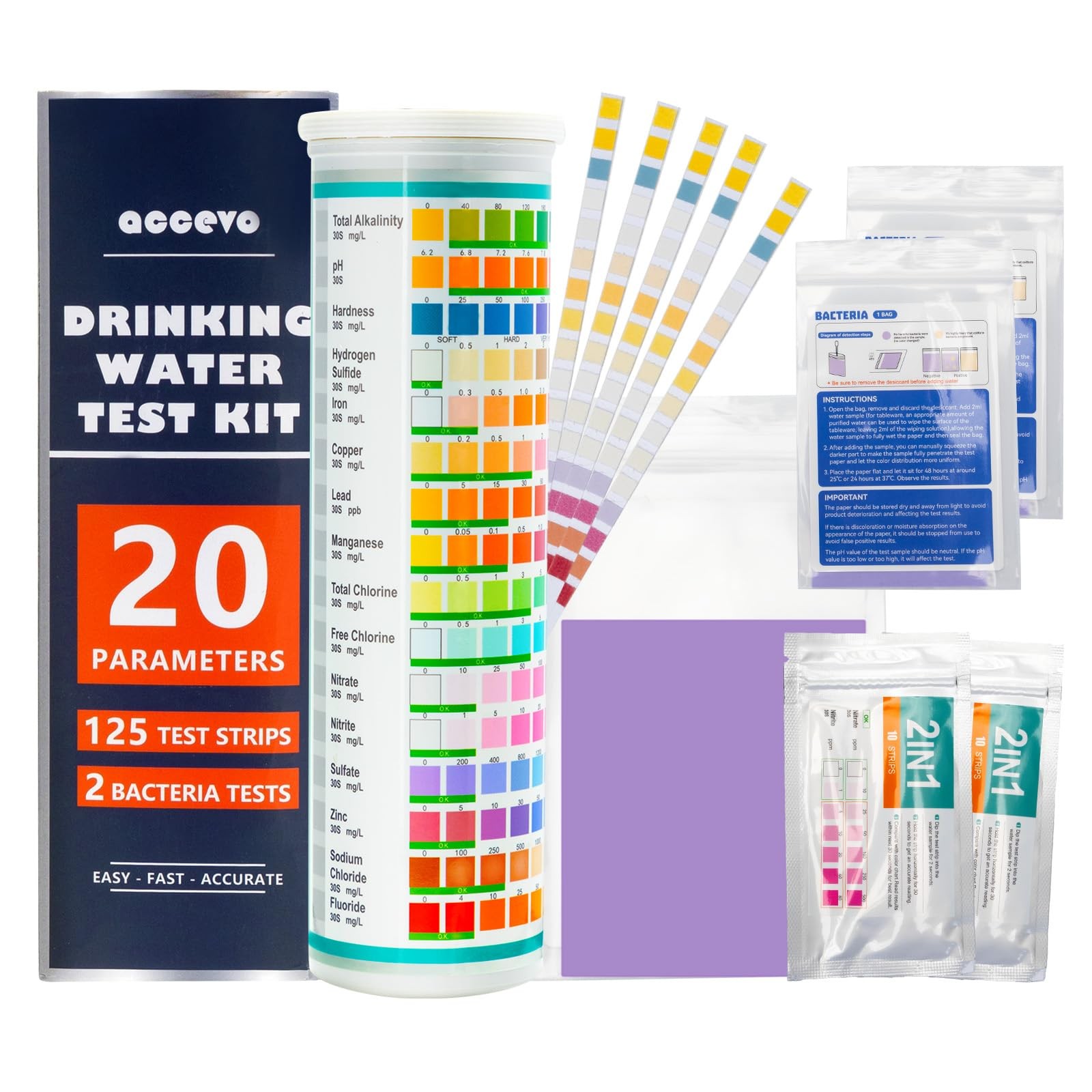 Accevo 20 in 1 Complete Drinking Water Test Kits, 125 Strips-Well, Tap, Home