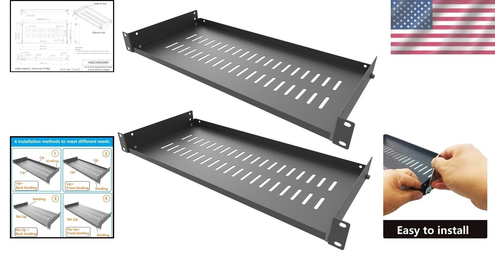2 Pack 1U Vented Cantilever Shelf 8" 19" Rack Mount