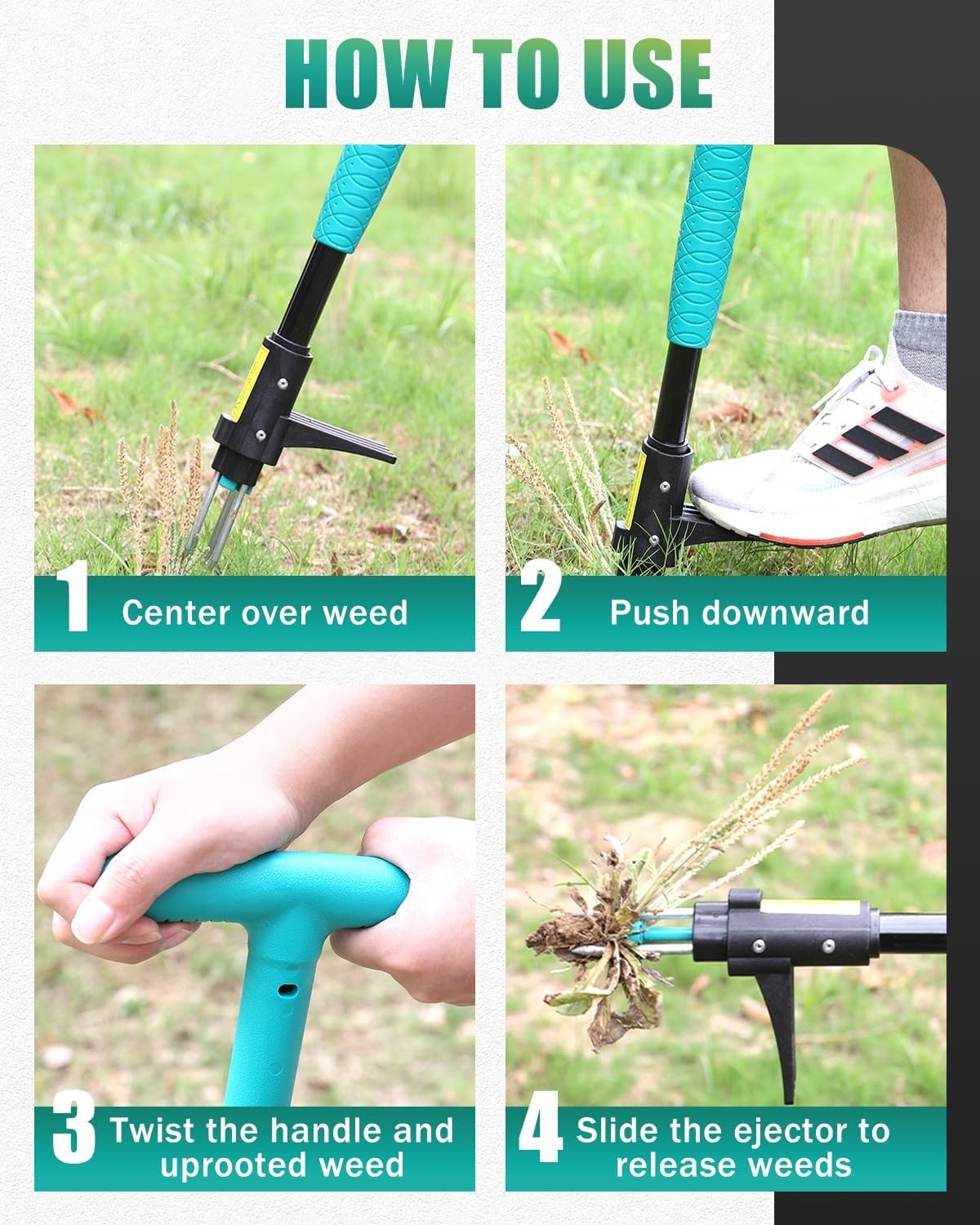 Breeze Touch 39" Weed Pulling Tool, 3-Claw T-shaped Handle, Common Teal