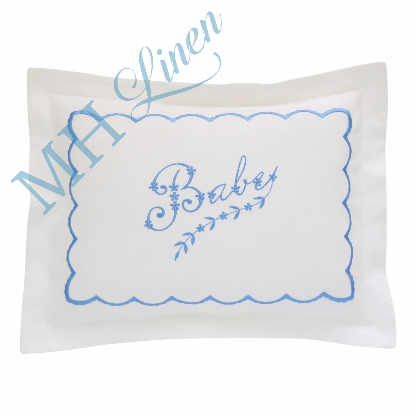 SAMPLE White Cotton Twill Baby Boudoir Sham Pillow with Blue Scalloped Frame