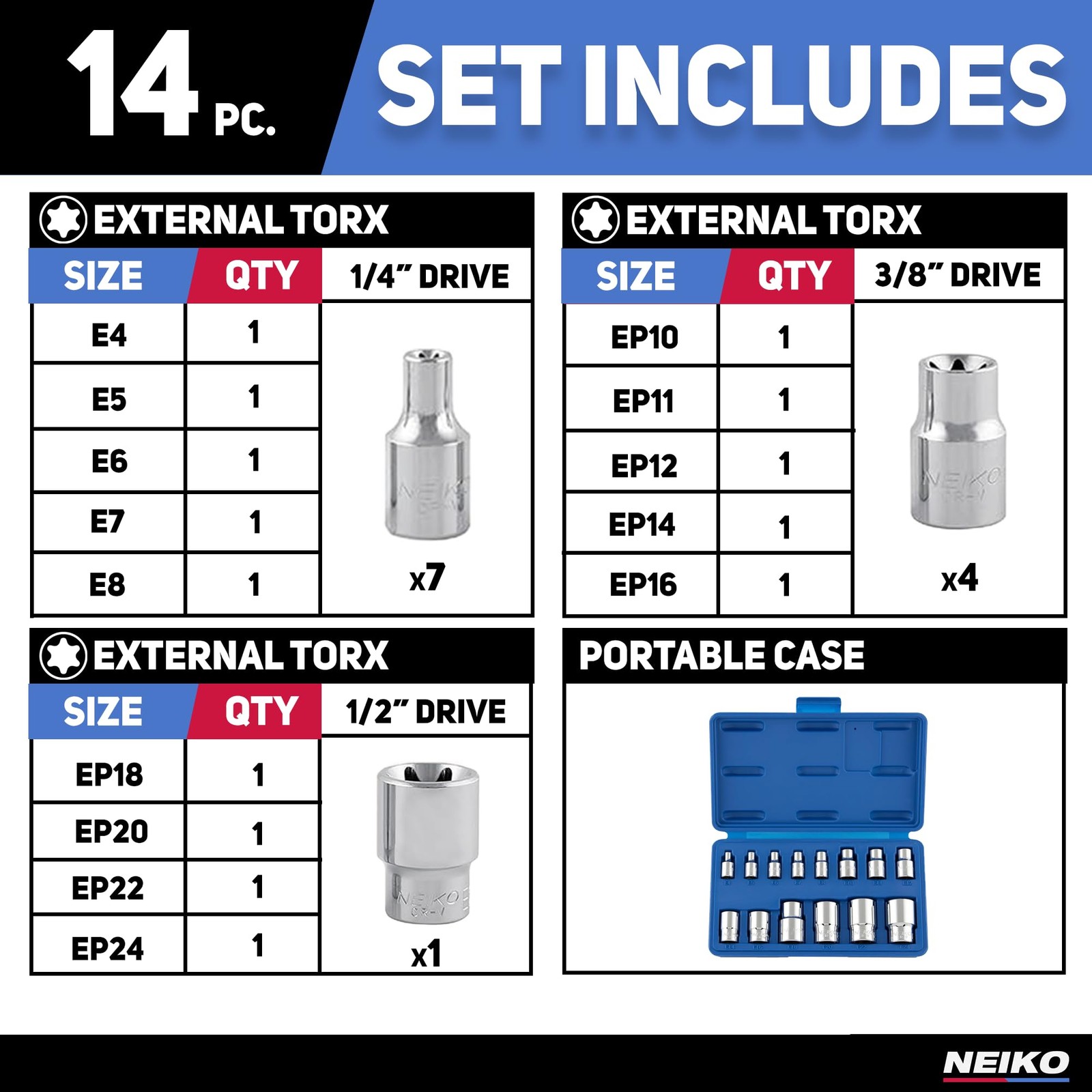Neiko 04300A E-Torx Socket Set, 14 Piece, External Torx (14pcs)