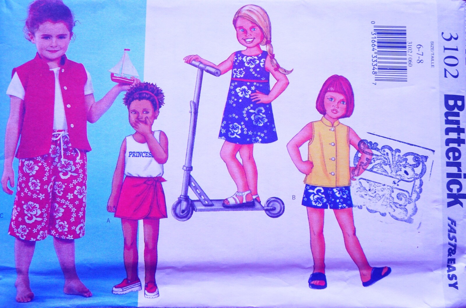 ~ RARE VTG  FF BUTTERICK PATTERN TOP SKIRT SHORTS SKORT SZ 6 7 8 ~