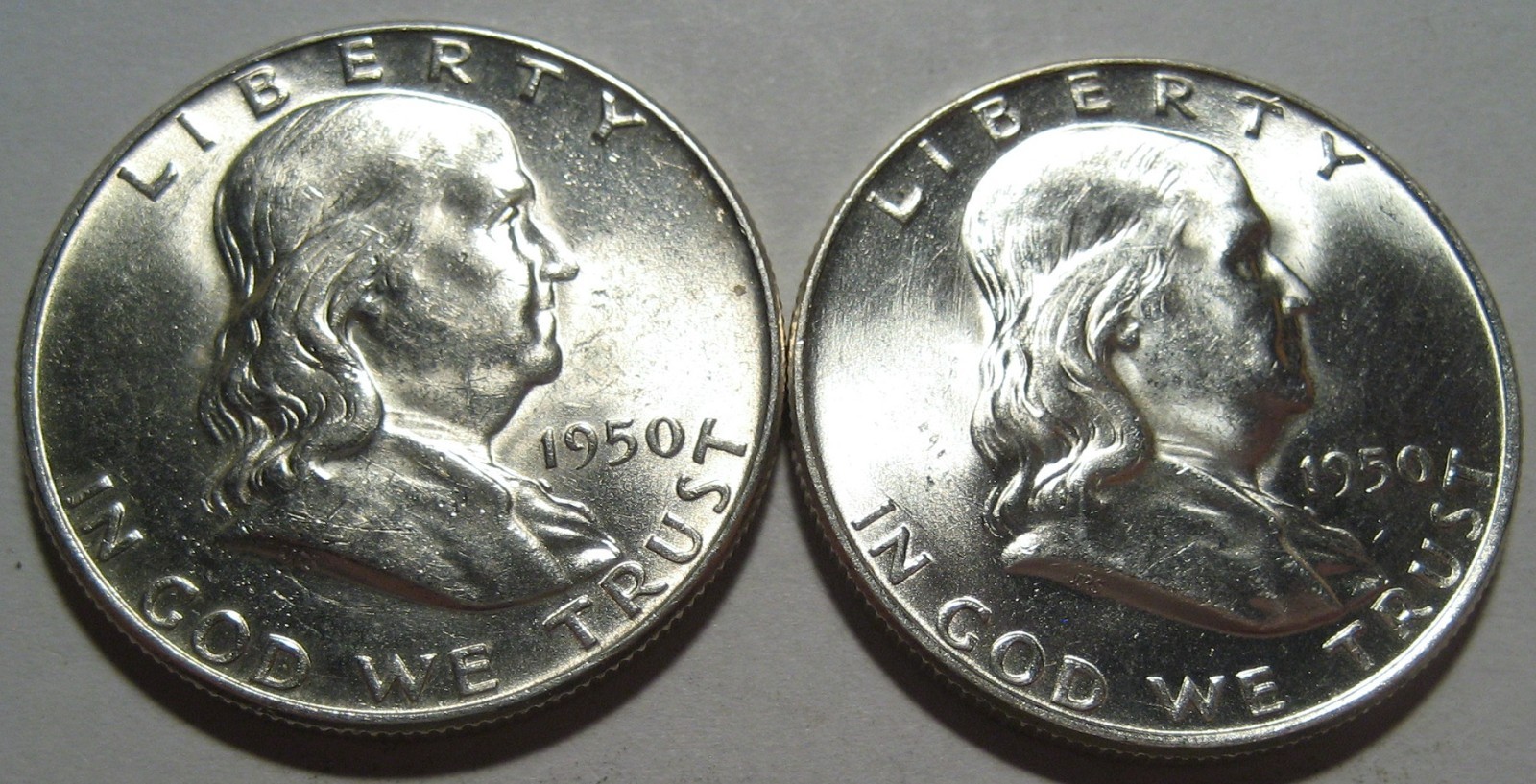 2 Coins = 1950-P 1950-D BU FRANKLIN Halves, FREE Shipping