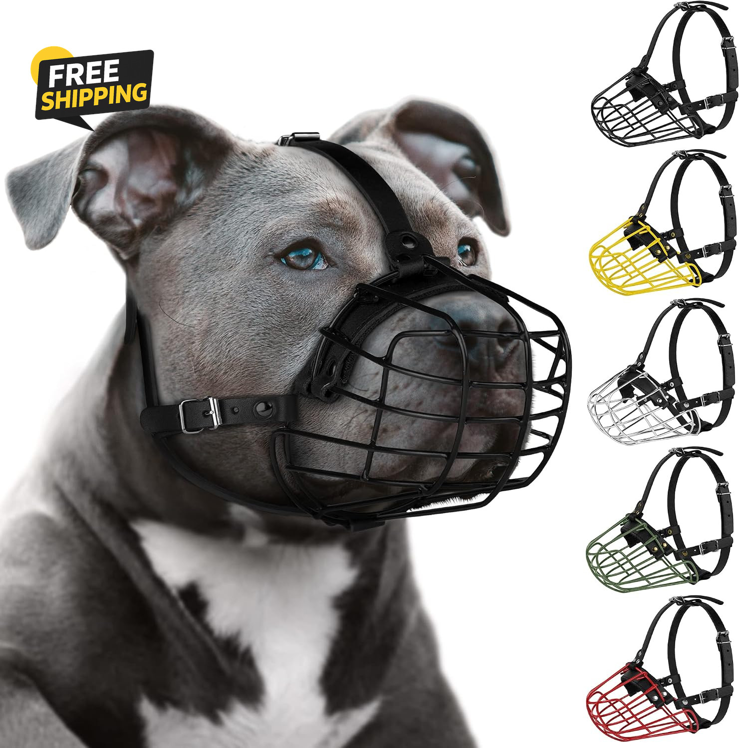 Pitbull Dog Muzzle Metal Mask  Basket Adjustable  Leather Straps Large  (Black)