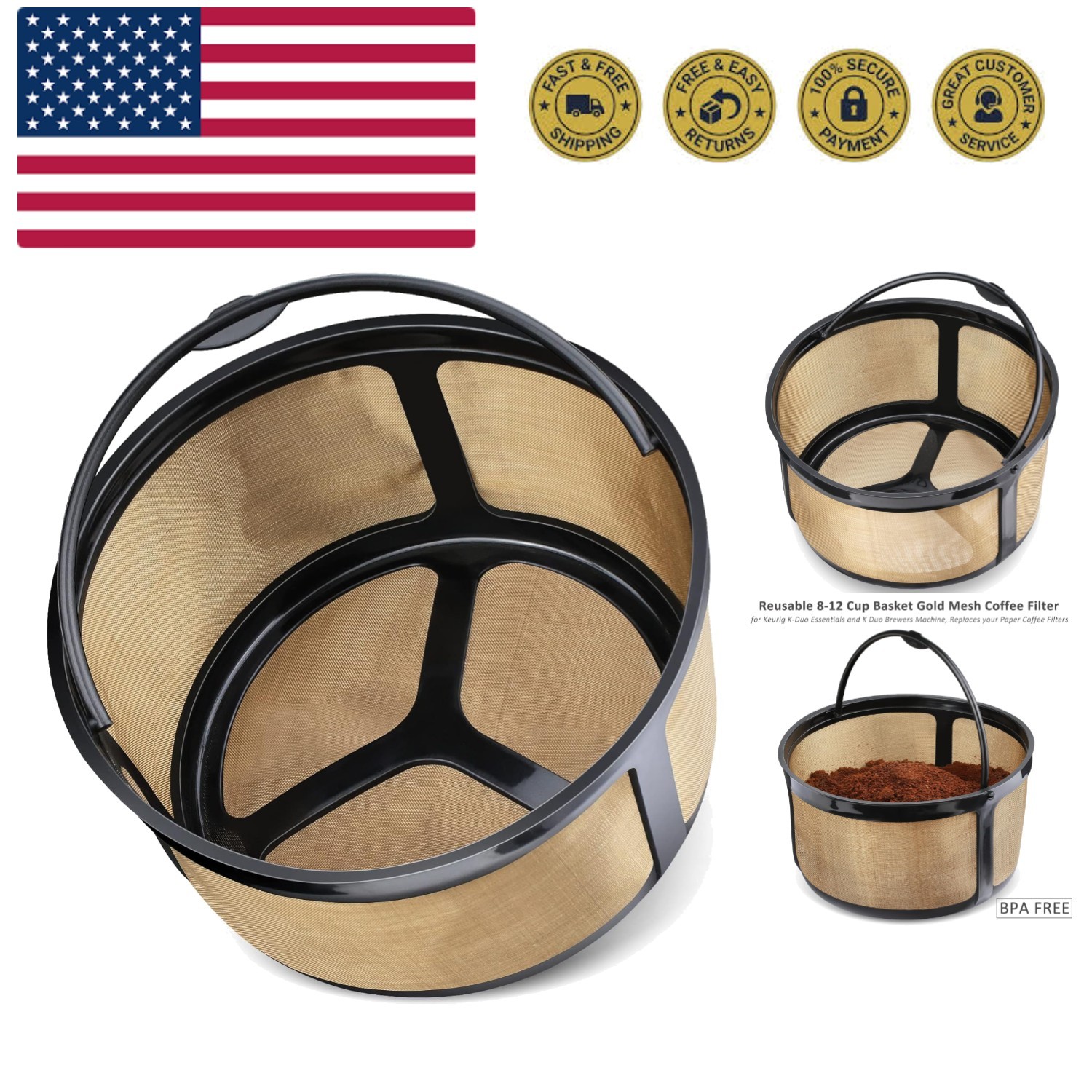 Reusable 8-12 Cup Basket Gold Mesh Coffee Filter for Keurig K-Duo Essentials ...