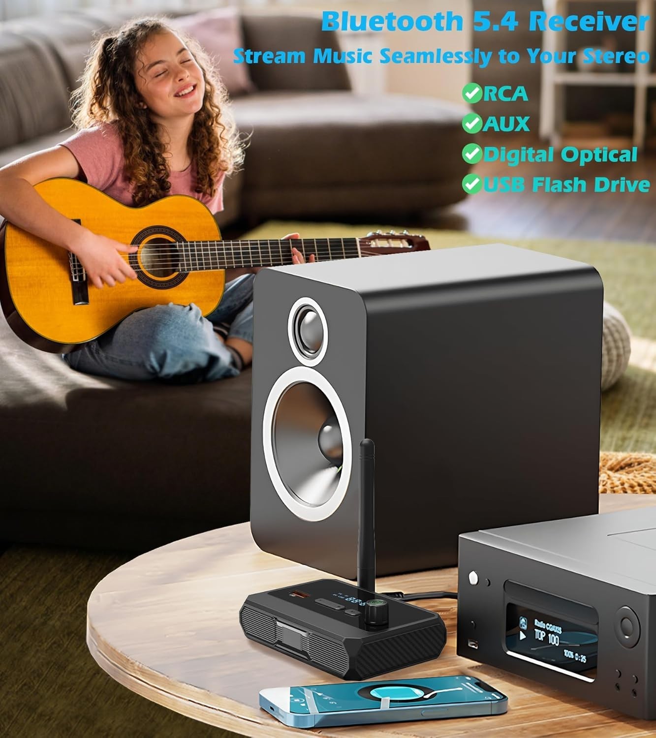 Bluetooth 5.4 Receiver, Optical, RCA, AUX, USB, LCD Screen, Home Stereo Adapter