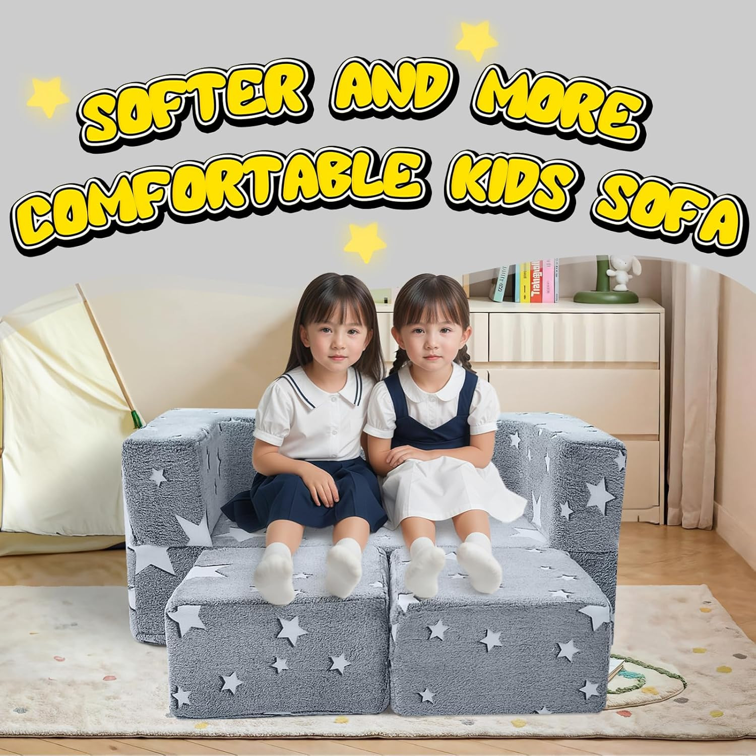 Modular Kids Play Couch Sofa – Glow in the Dark Star Design, Fold-Out Toddler Co
