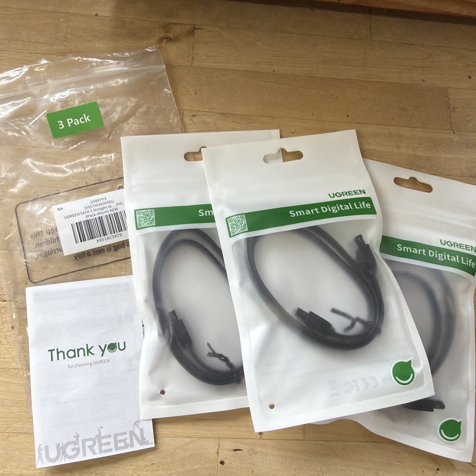 45cm 19” Black SATA 3 III Round SSD/HDD Data Cable Straight to Straight 3-Pack