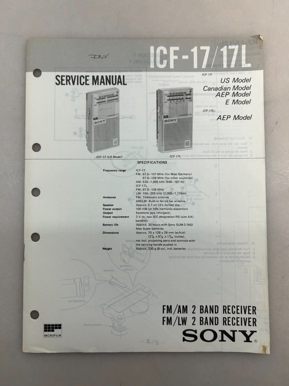 Sony ICF-17 Original Service Manual Free Shipping