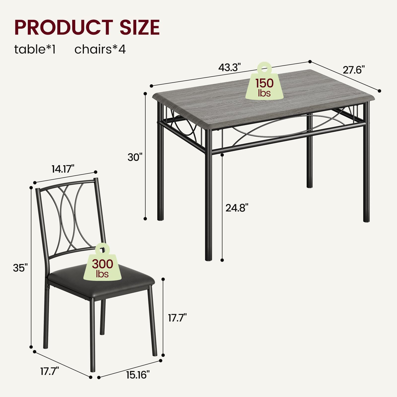 5 Piece Dining Table Set for 4, Kitchen Table and Chairs 4 Upholstered Chairs