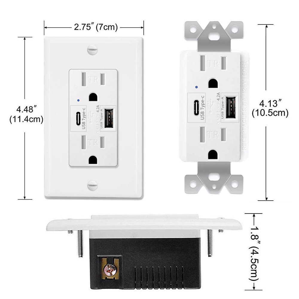 3 x Electrical Socket 4.2A USB White Wall Receptacle with LED Indicator,15A/125V