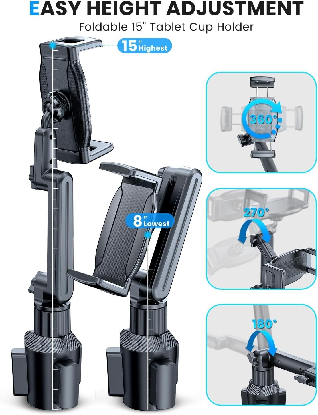 Cup Holder Mount for iPad: 15" Adjustable Height & Secure Grip
