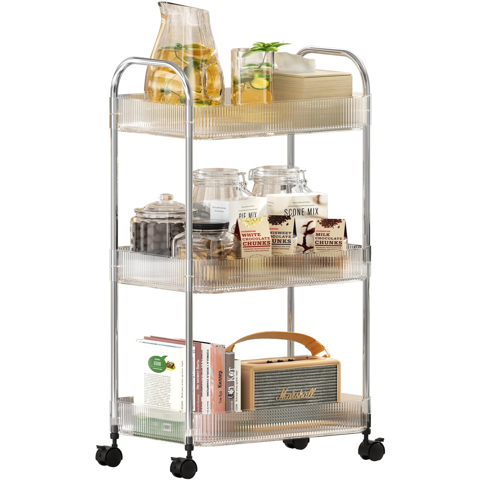 3 Tier Rolling Cart with Wheels, Utility Trolley with Handle, Clear Acrylic M...