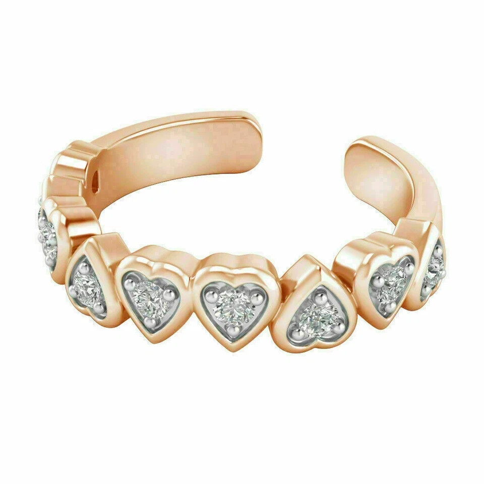 Heart Adjustable Toe Ring Rose Gold Plated Silver 0.15Ct Round Simulated Diamond