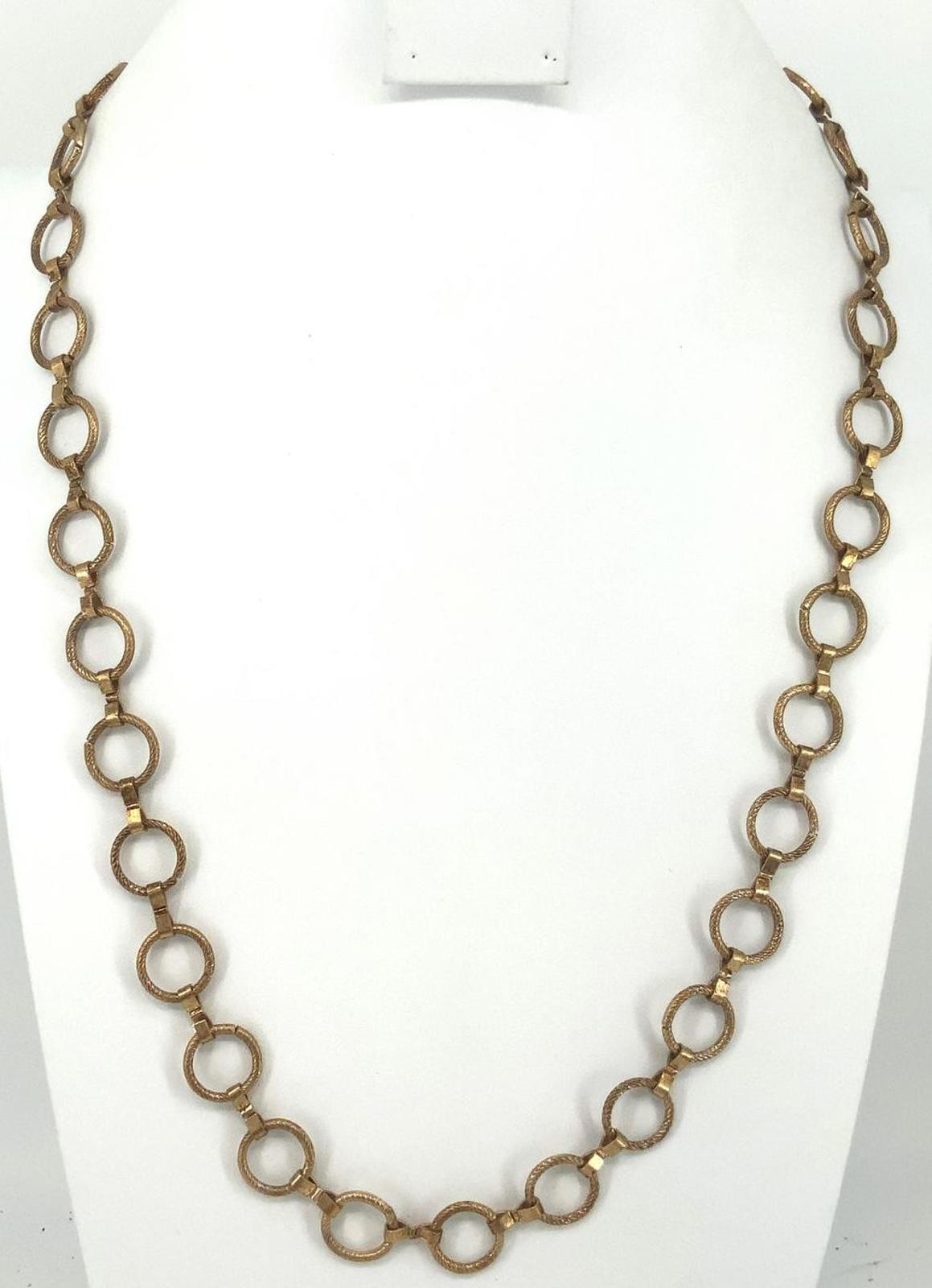 Vintage Goldtone Textured Circle Link Chain Long Necklace Boho Layering