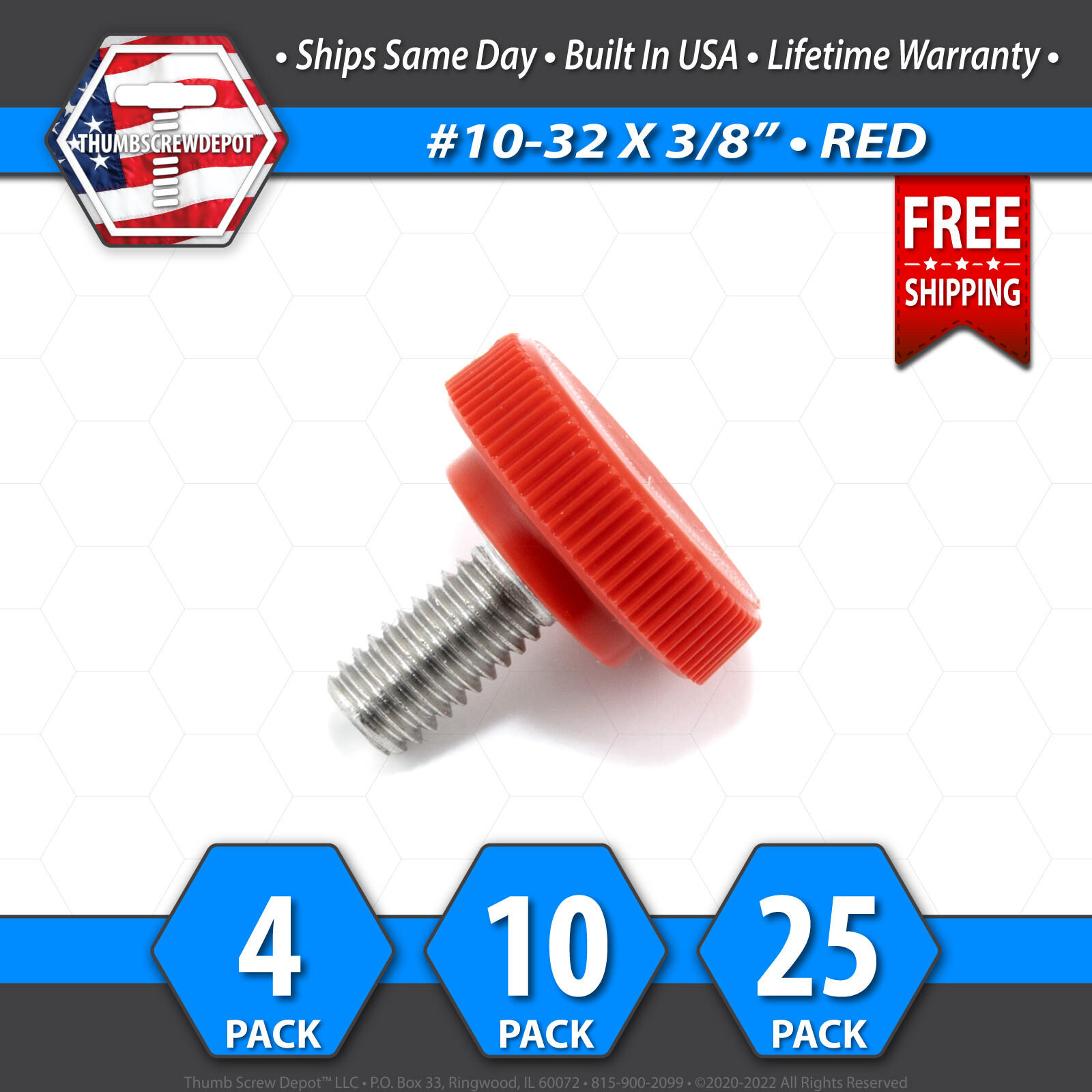 #10-32 x 3/8" Thumb Screw Stainless Steel - Red Round Knurled Knob - USA
