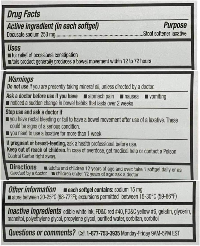 Extra Strength Stool Softener Docusate Sodium Softgels 250 mg, 250 Count