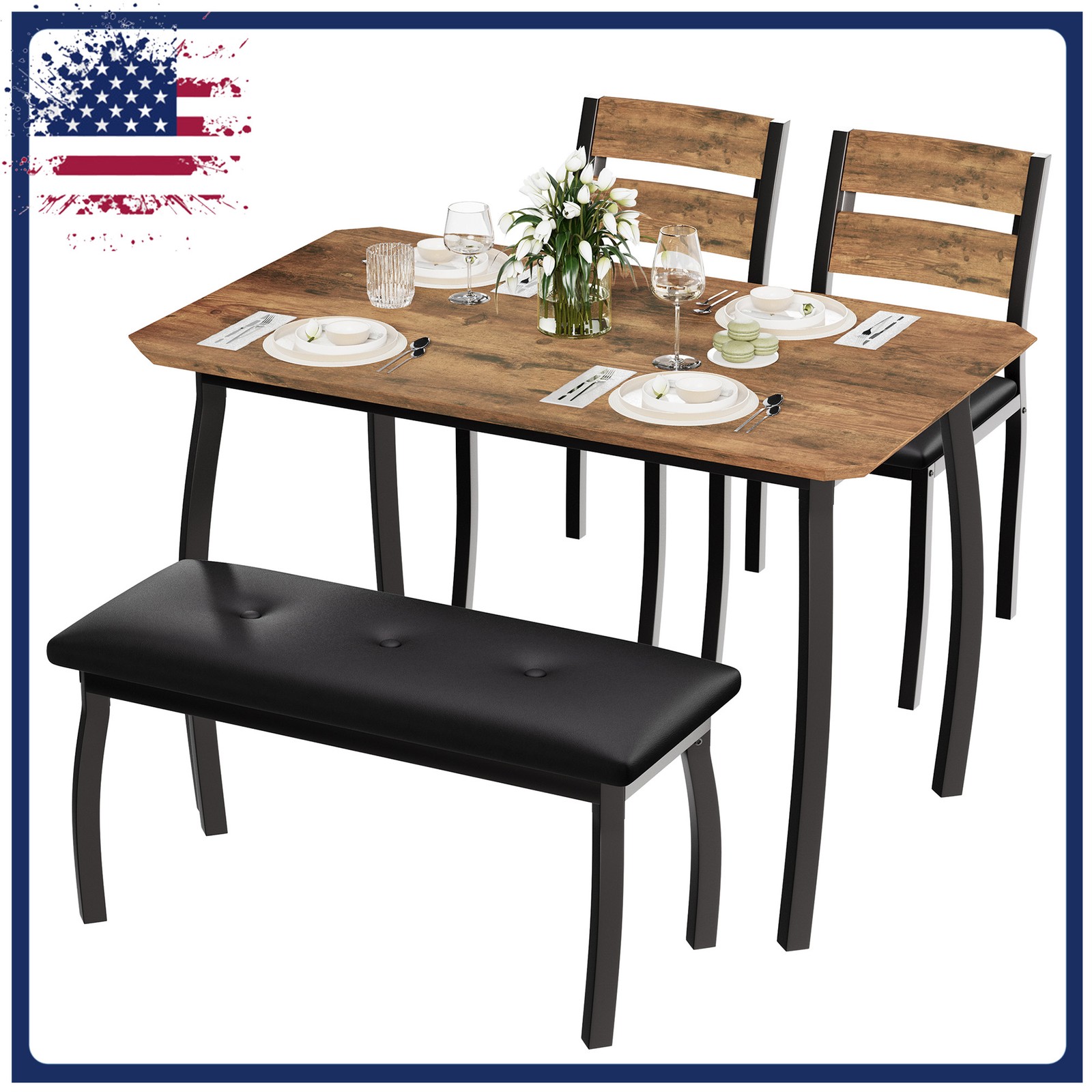 Modern Dining Table Set, Dining Table With Bench, Pu Cushioned Dining Chairs