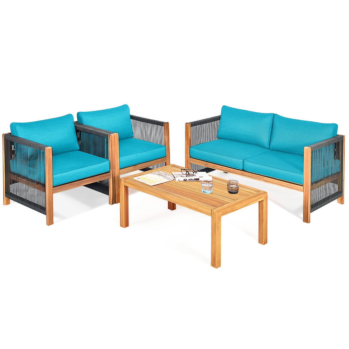Patiojoy 4PCS Wooden Patio Furniture Set Cushioned Sofa W/Rope Armrest Turquoise