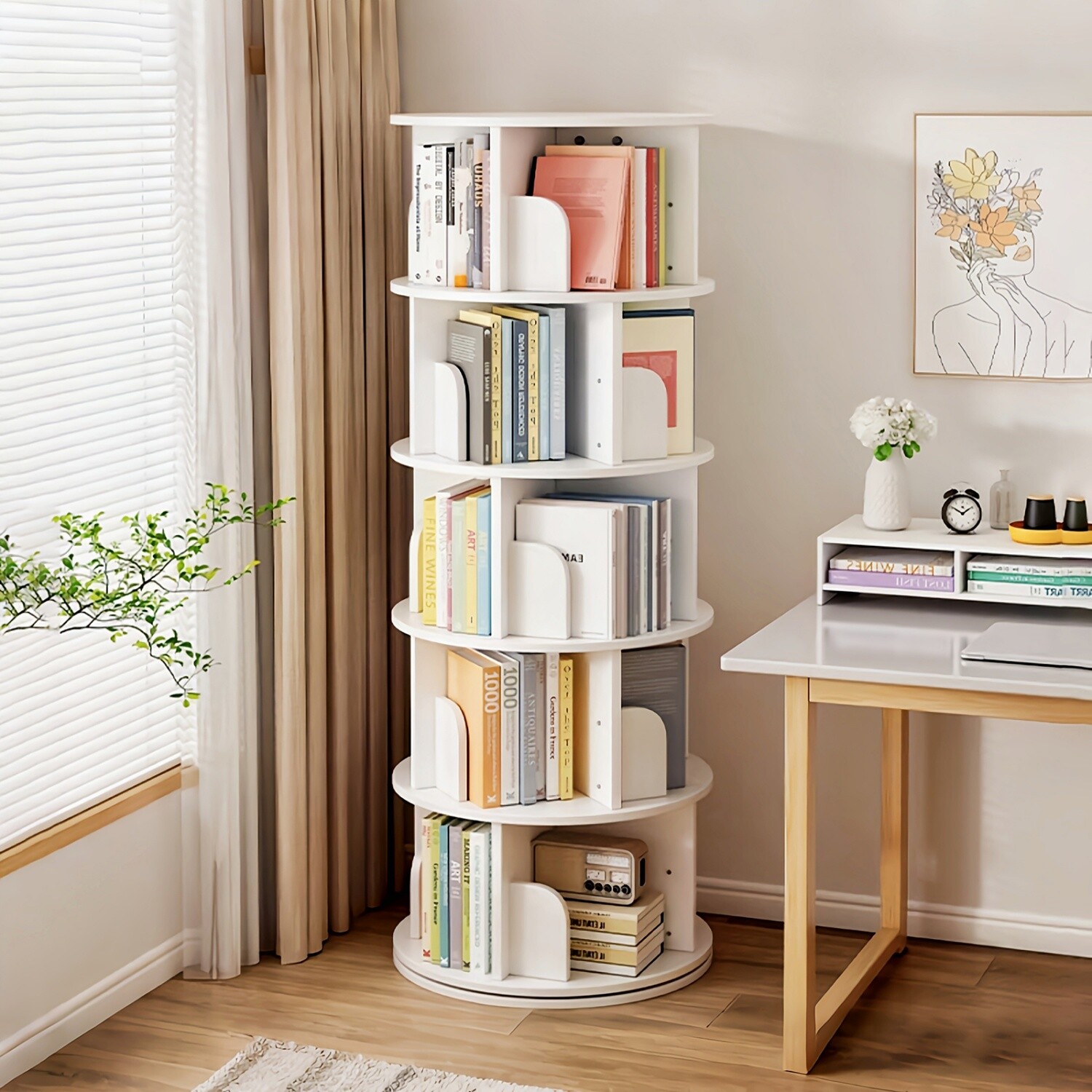 5 Tier 360° Rotating Bookshelf Freestanding Bookcase Storage Display Rack White