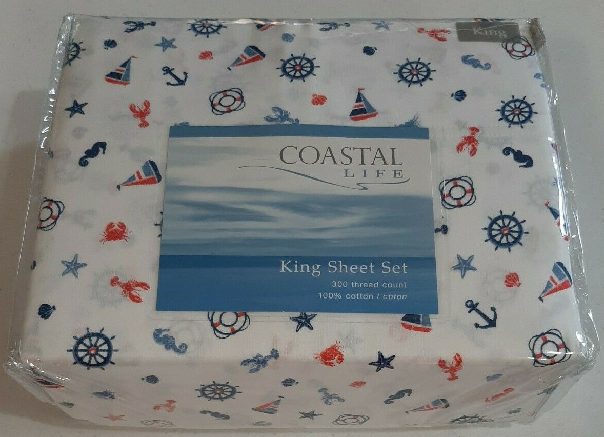 Coastal Life King Sheet Set NEW 300 TC Dizzy Nautical 100% Cotton