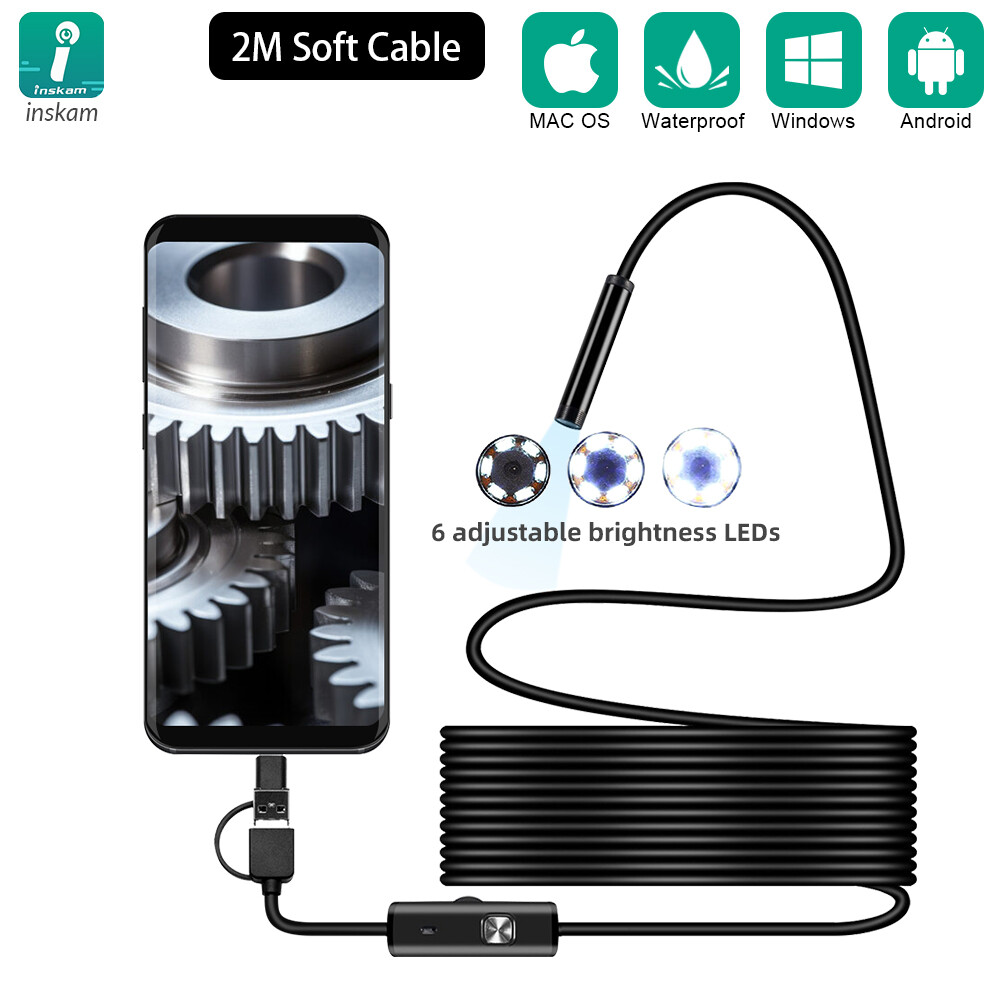 2M 7mm Snake Endoscope Borescope Inspection Camera for USB Type C Android PC