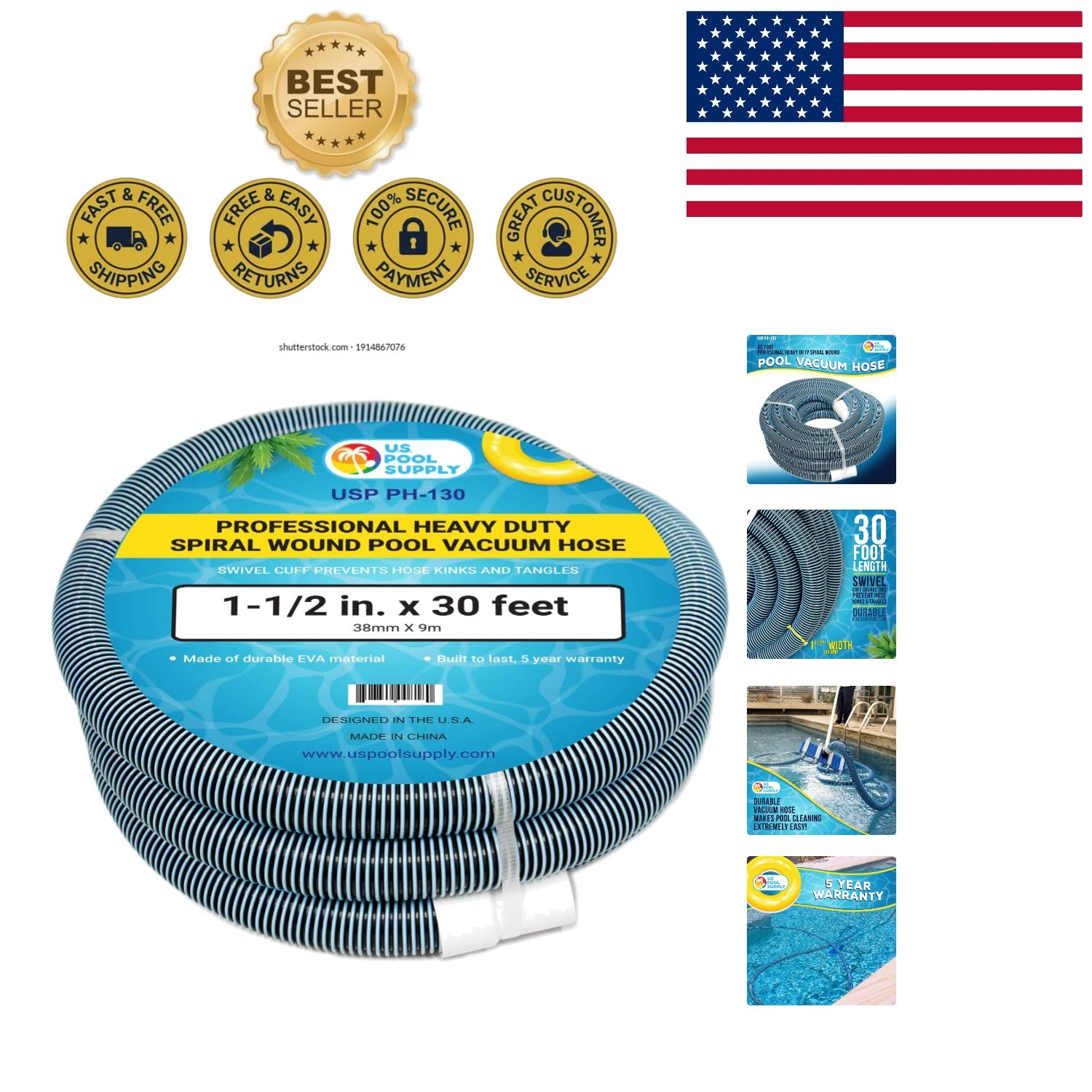 Professional 1-1/2" x 30' Pool Vacuum Hose with Spiral Wound and Kink-Free Cuff