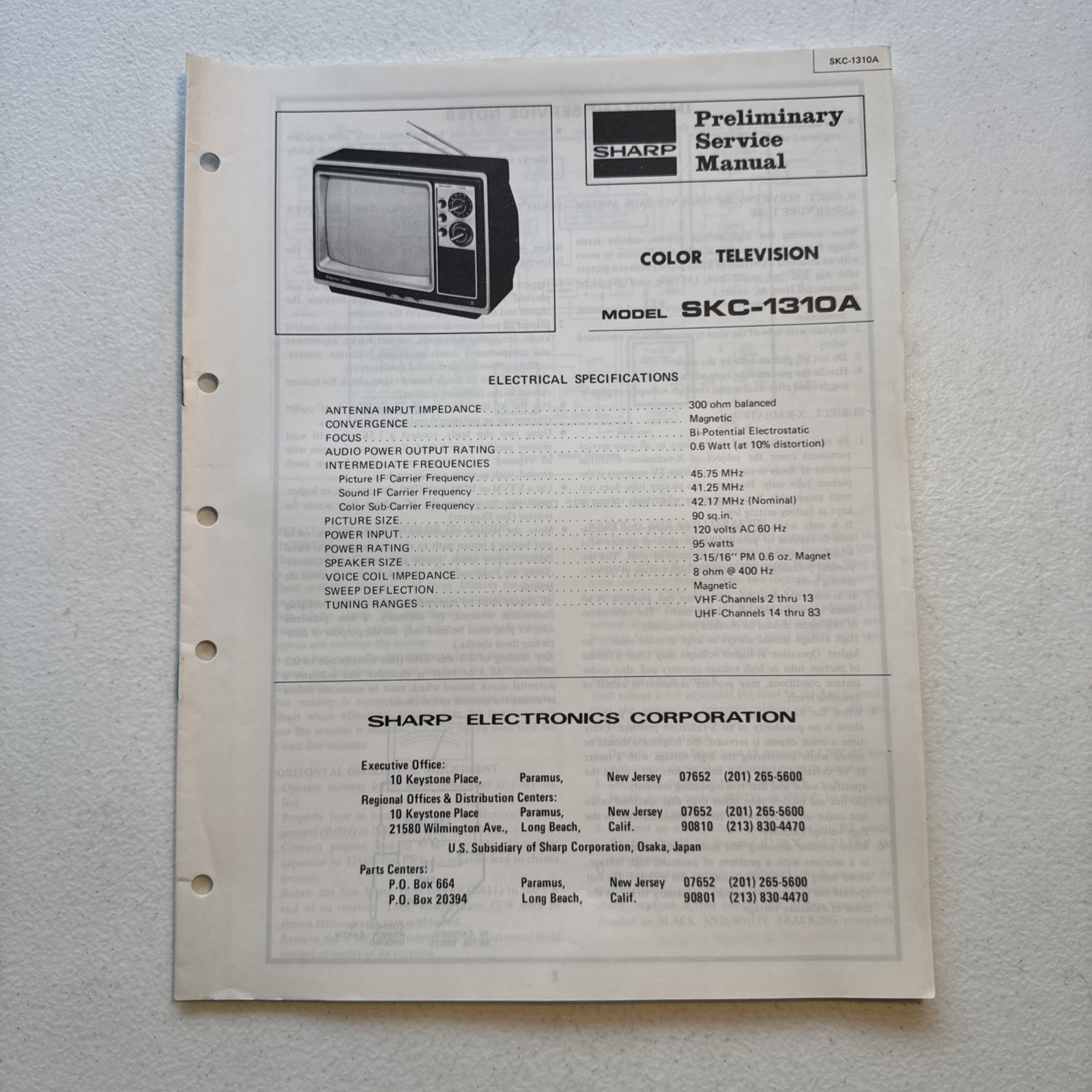 Sharp Color Television Model SKC-1310A Preliminary Service Manual