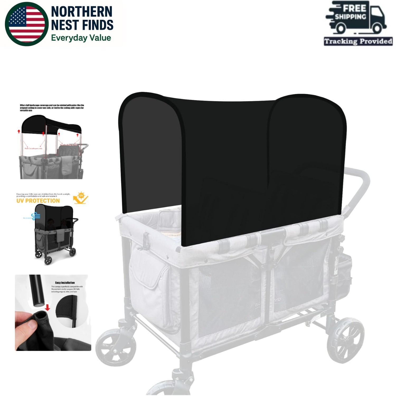 Versatile Black Sun Shade Canopy for Wonderfold Stroller Wagons - Models W2 & W4