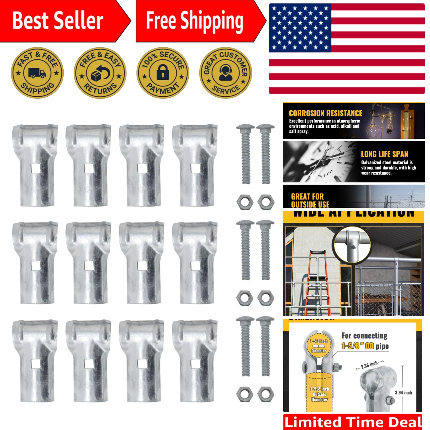 6 PCS End Rail T Clamps for 1-5/8" OD Pipe - Easy Installation & Lifetime Use