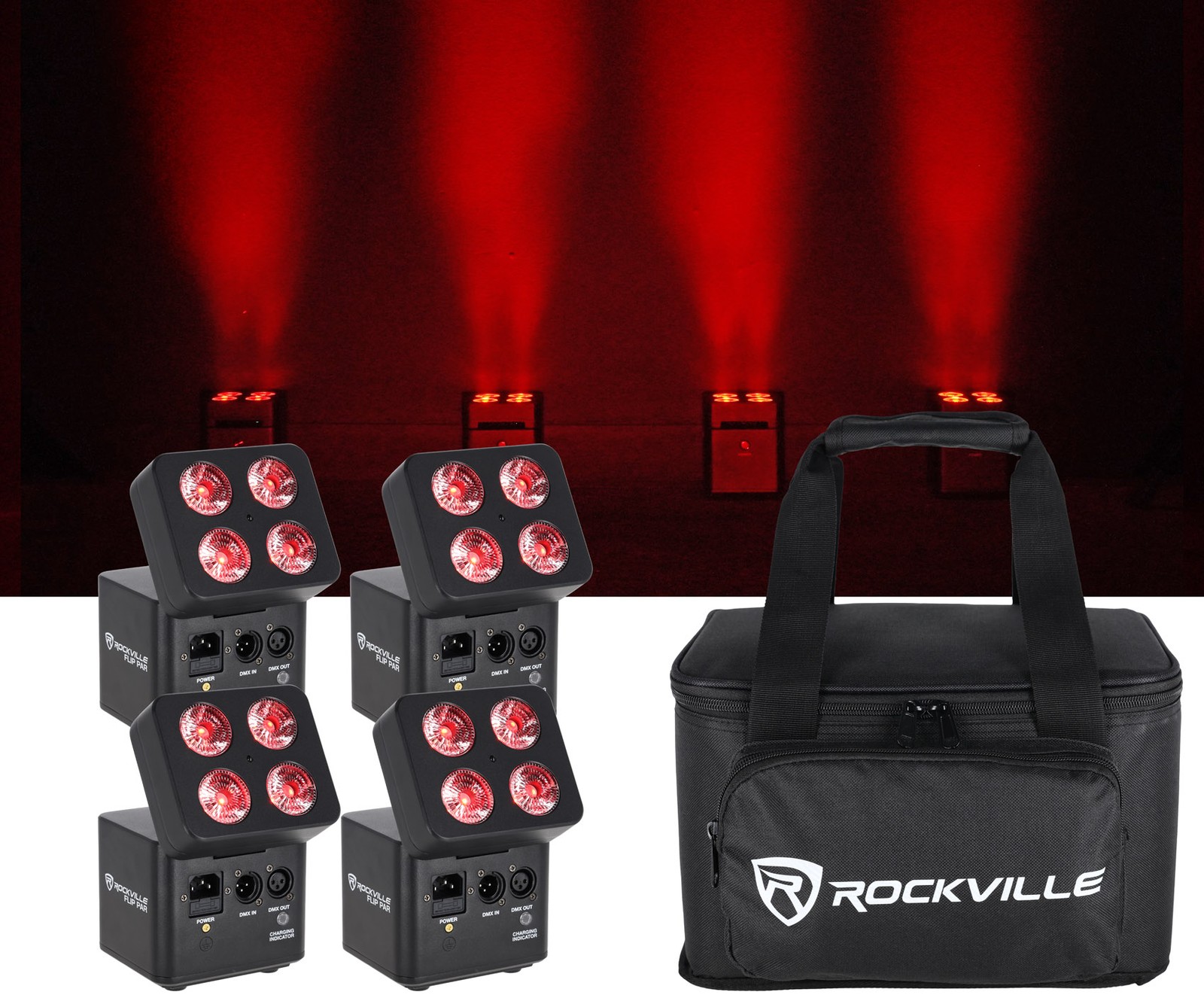 Rockville FLIP 4 PACK BLACK Battery Par Can Wash Light + Bag+Smart Charger+App