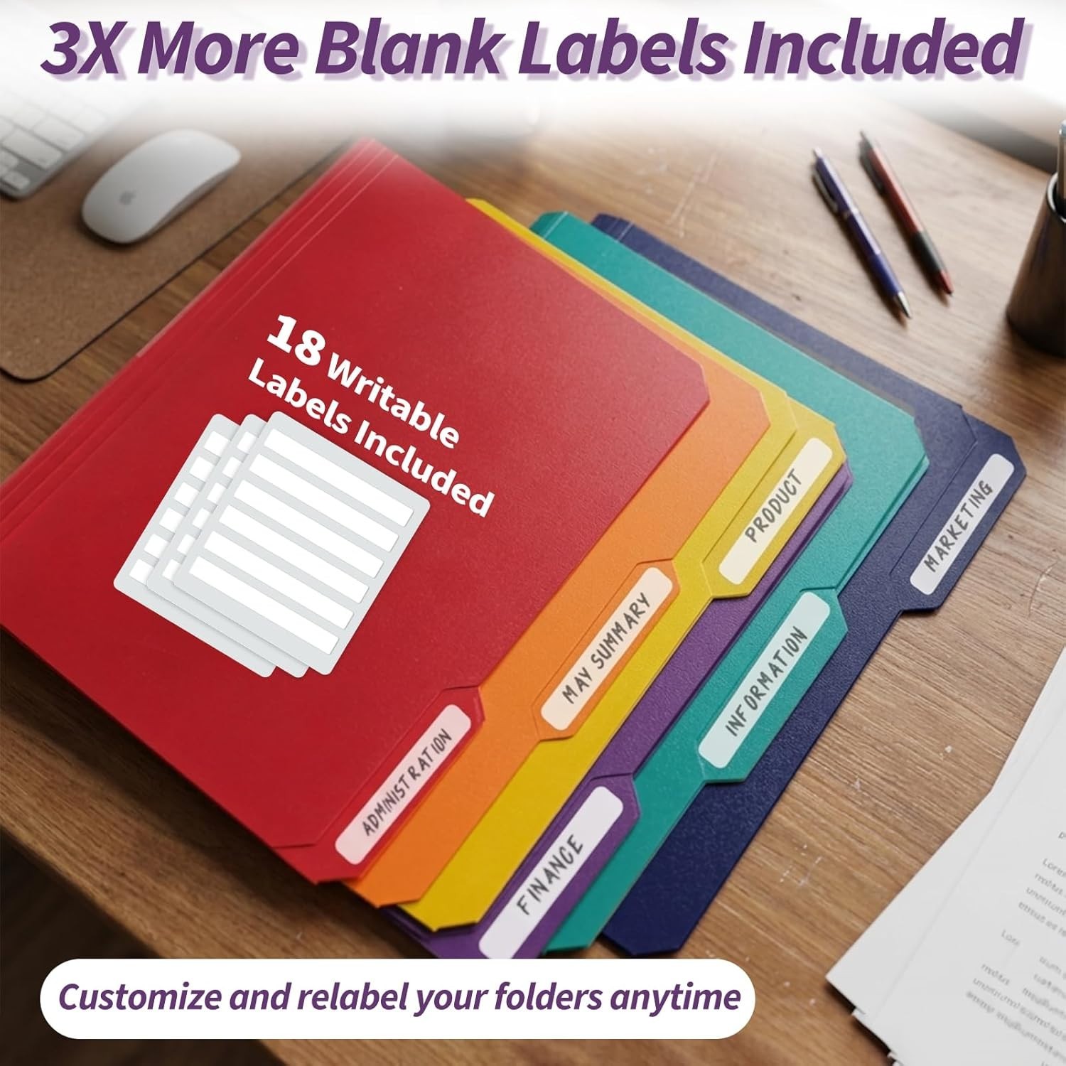Plastic File Folders with Tabs, 6 Pack Colored Plastic Folders, 1/3 Cut Tabs